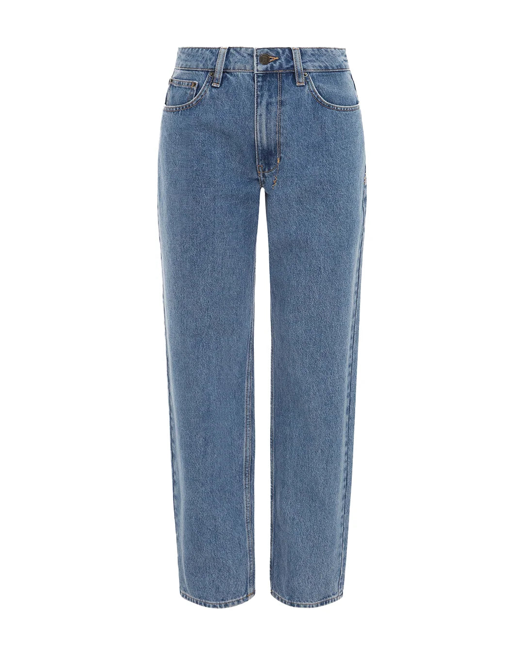 A mid-rise, relaxed straight-leg jean designed to sit below the waist with a more relaxed fit at the thigh and crotch to prevent gaping.&nbsp;It is made from premium European rigid denim in heritage stone-washed blue and features branded anti-silver hardware, T-box print, and back cross embroidery.