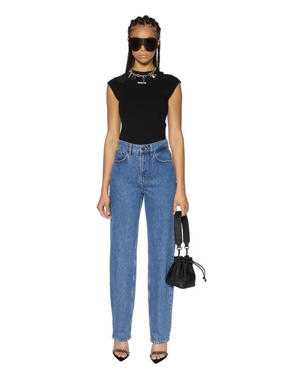 A relaxed straight-leg jean with a high waist, made from premium European rigid denim in a heritage stone-washed blue.&nbsp;It includes classic five-pocket styling, anti-silver branded hardware, and signature T-box and back cross embroidery.