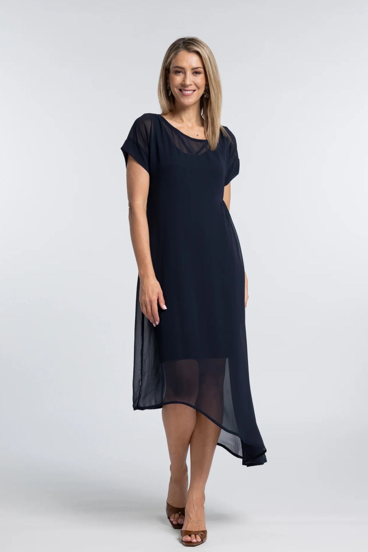 The NES Flow Dress – a versatile chiffon dress with adjustable drape styling. Wear it your way for day or night. Designed and made in NZ.