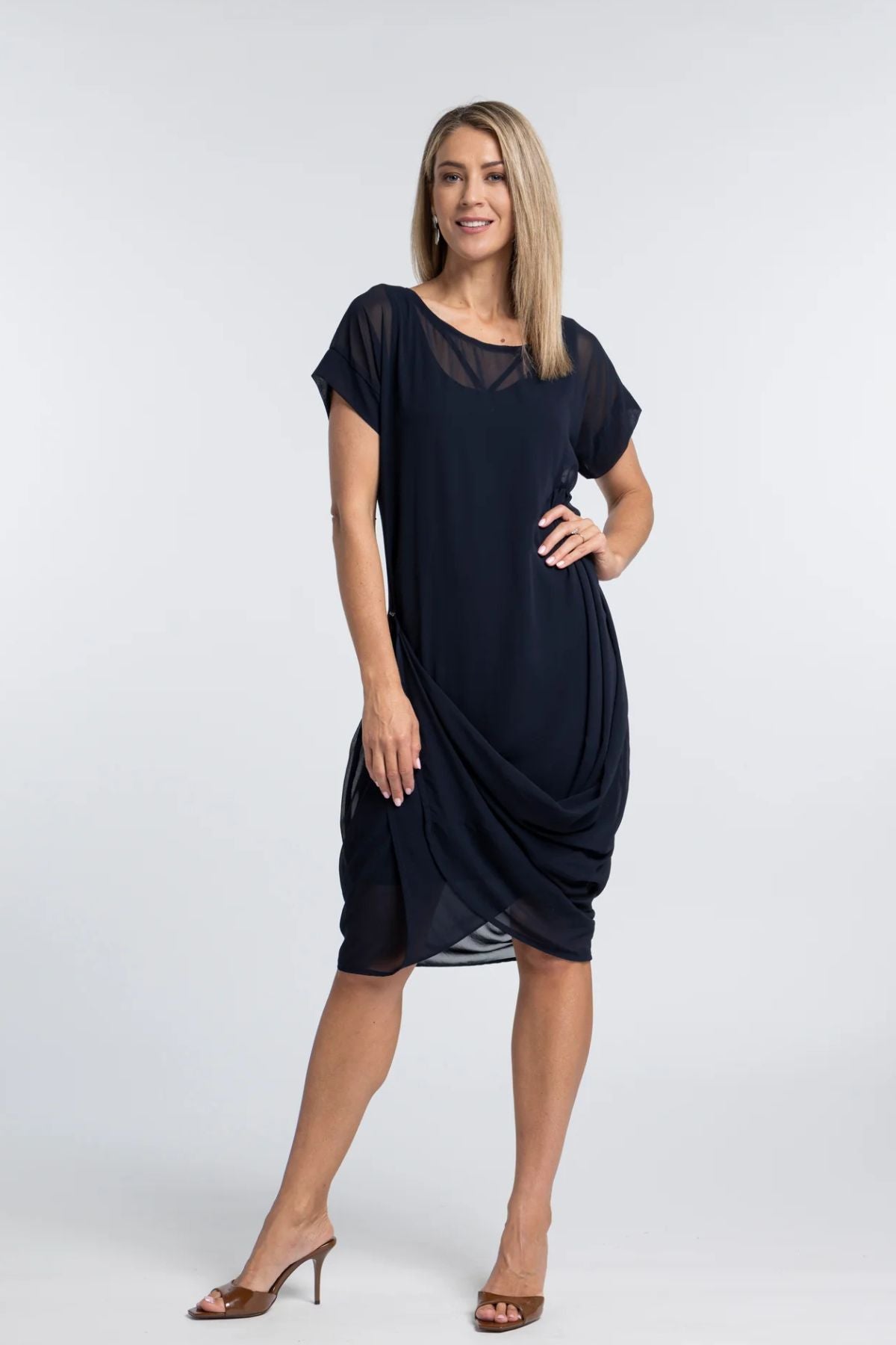 The NES Flow Dress – a versatile chiffon dress with adjustable drape styling. Wear it your way for day or night. Designed and made in NZ.