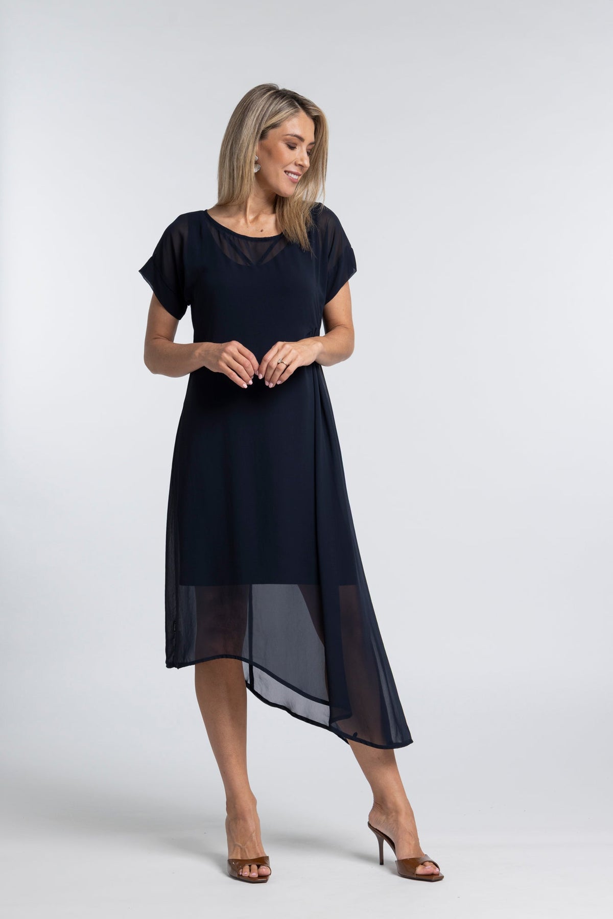 The NES Flow Dress – a versatile chiffon dress with adjustable drape styling. Wear it your way for day or night. Designed and made in NZ.
