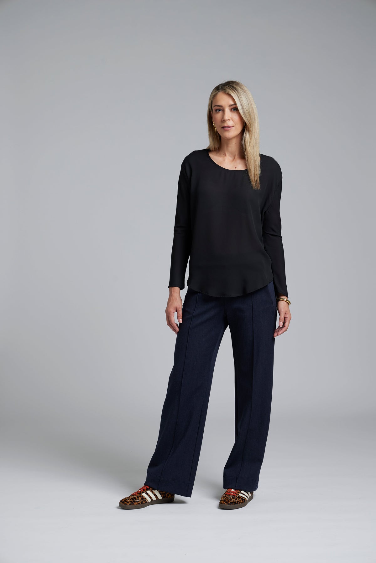 The NES Ginnie Pants by N-E-S – a classic straight leg pant with centre pin stitch seam, elastic back waist and comfort stretch fabric. NZ made.
