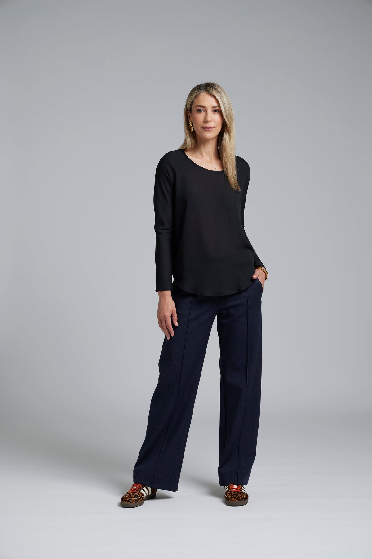 The NES Ginnie Pants by N-E-S – a classic straight leg pant with centre pin stitch seam, elastic back waist and comfort stretch fabric. NZ made.