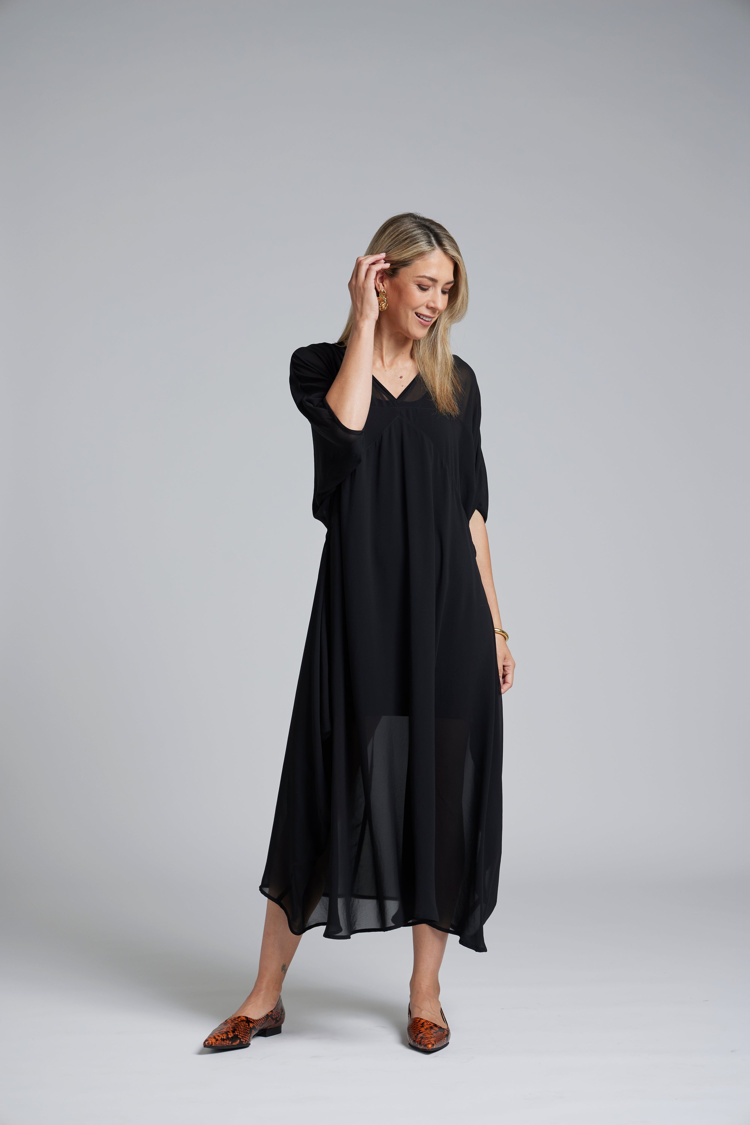NES Remi Dress by N-E-S – a floaty chiffon dress with kimono sleeves and V neckline. Designed to layer over a Lattice Slip. Elegant, feminine and NZ made.