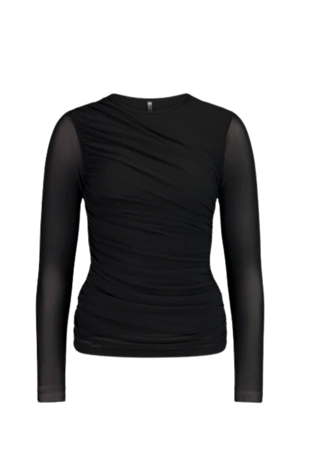The NES Rumour Top by N-E-S – a sheer long-sleeve mesh top with front rouching and double-layered front. Sculpted, modern and NZ made.