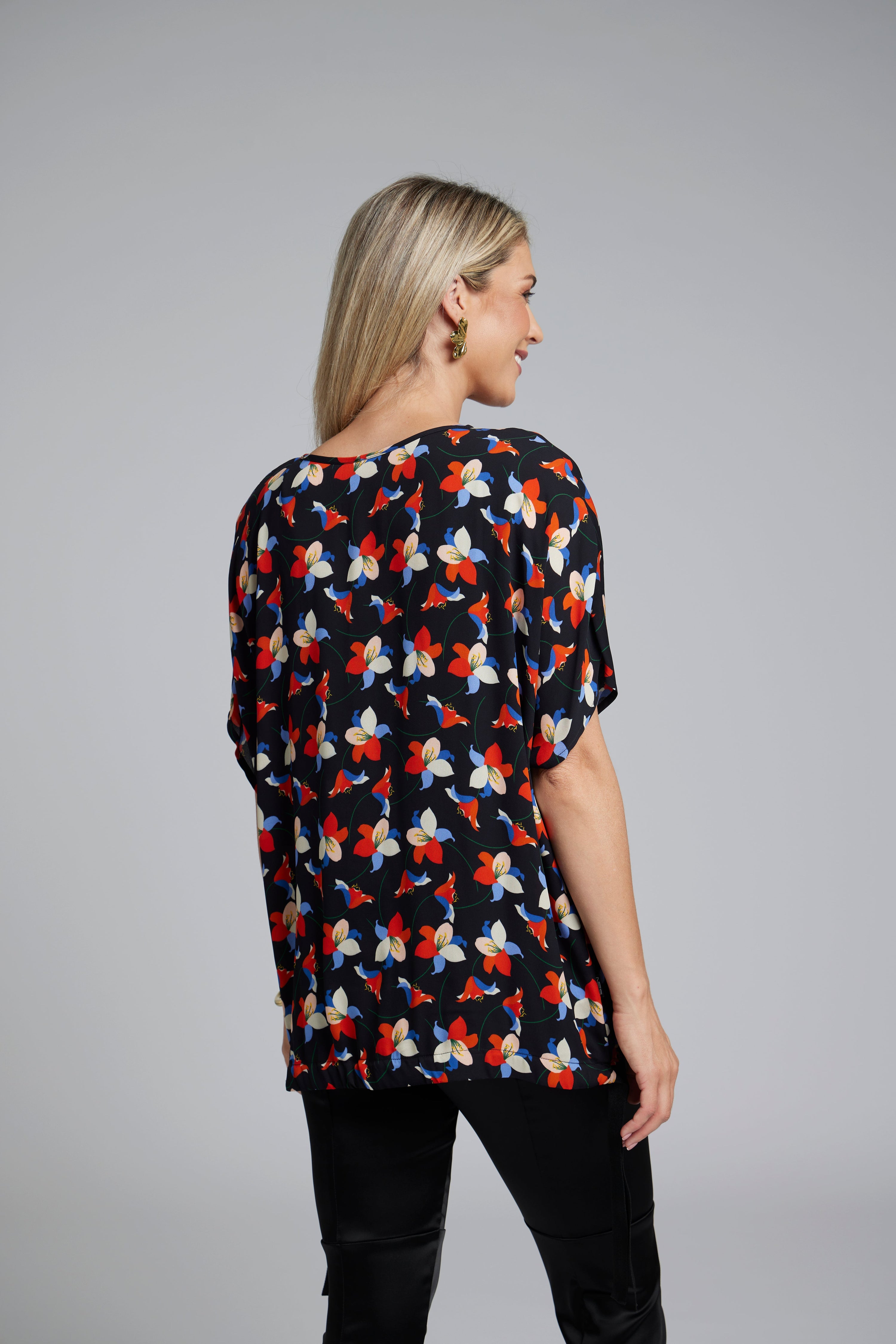 NES Vanotti Tunic by N-E-S  – a floaty scoop-neck tunic in viscose georgette or satin. Wear loose or drawn in. Sizes XS/S, SM, ML. NZ made.