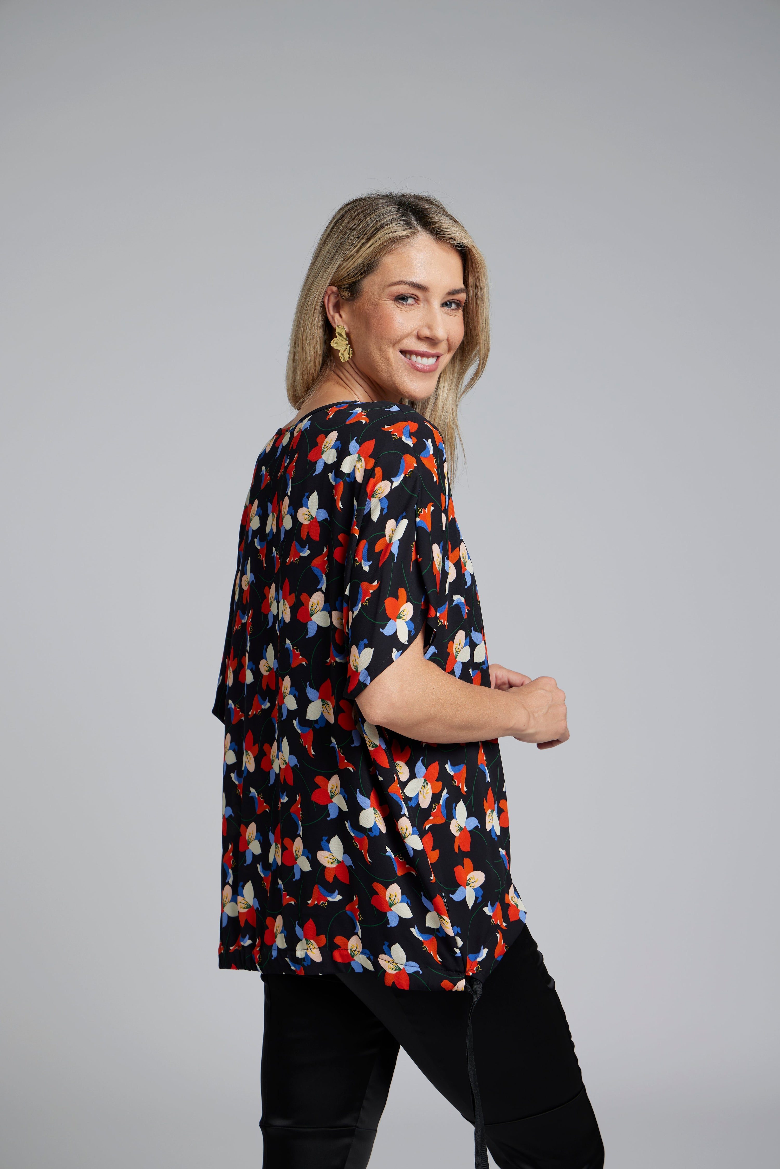 NES Vanotti Tunic by N-E-S  – a floaty scoop-neck tunic in viscose georgette or satin. Wear loose or drawn in. Sizes XS/S, SM, ML. NZ made.