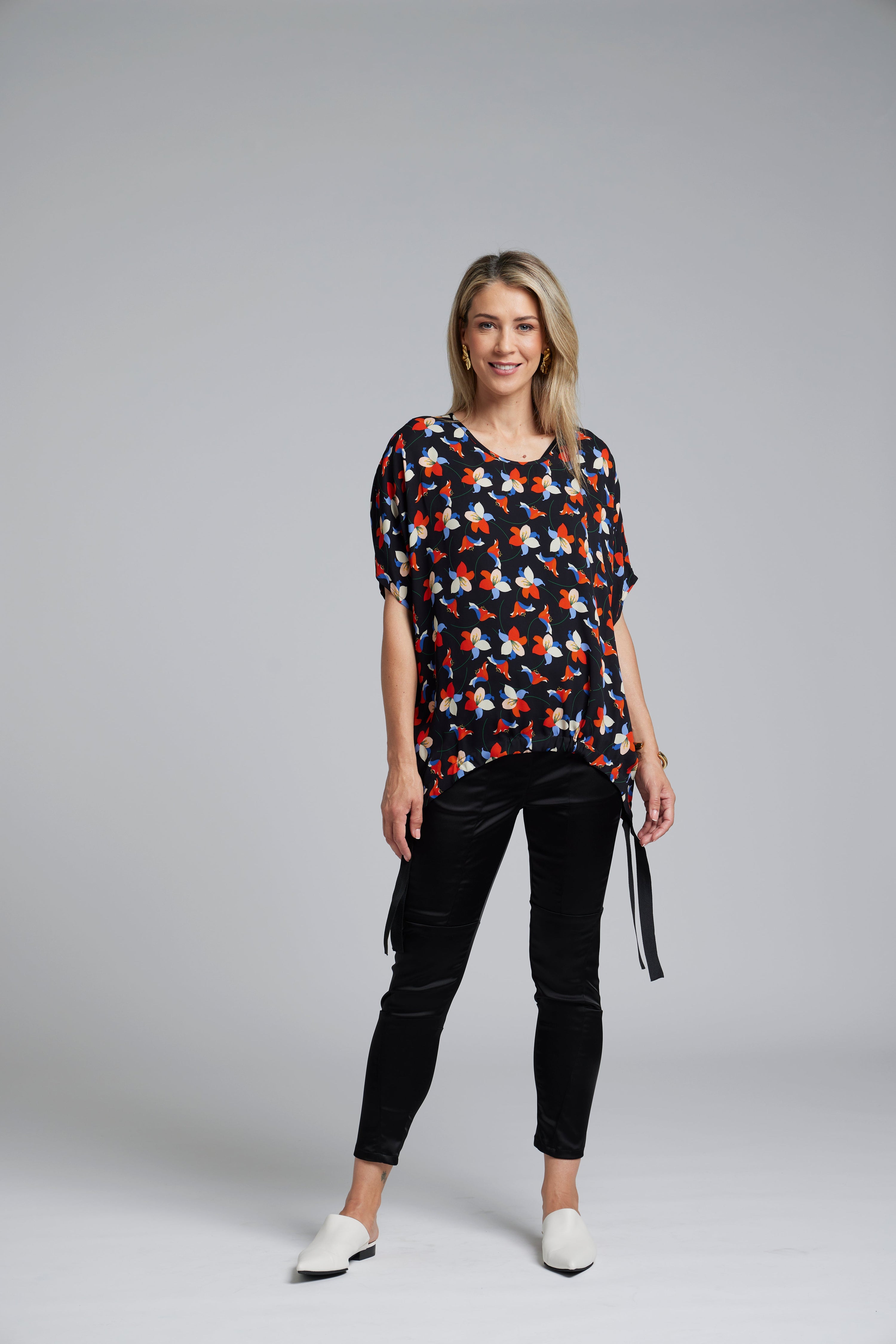 NES Vanotti Tunic by N-E-S  – a floaty scoop-neck tunic in viscose georgette or satin. Wear loose or drawn in. Sizes XS/S, SM, ML. NZ made.