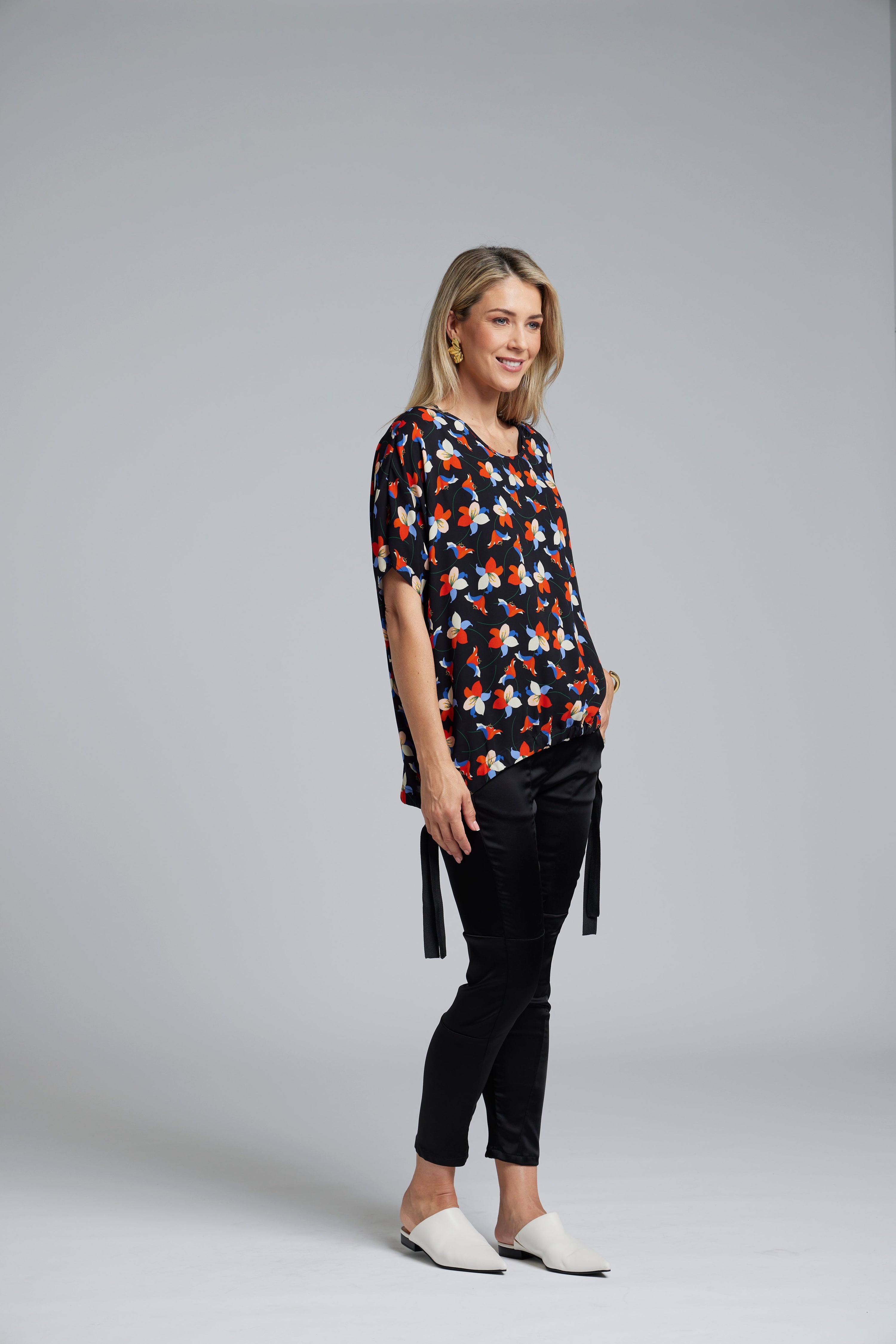 NES Vanotti Tunic by N-E-S  – a floaty scoop-neck tunic in viscose georgette or satin. Wear loose or drawn in. Sizes XS/S, SM, ML. NZ made.