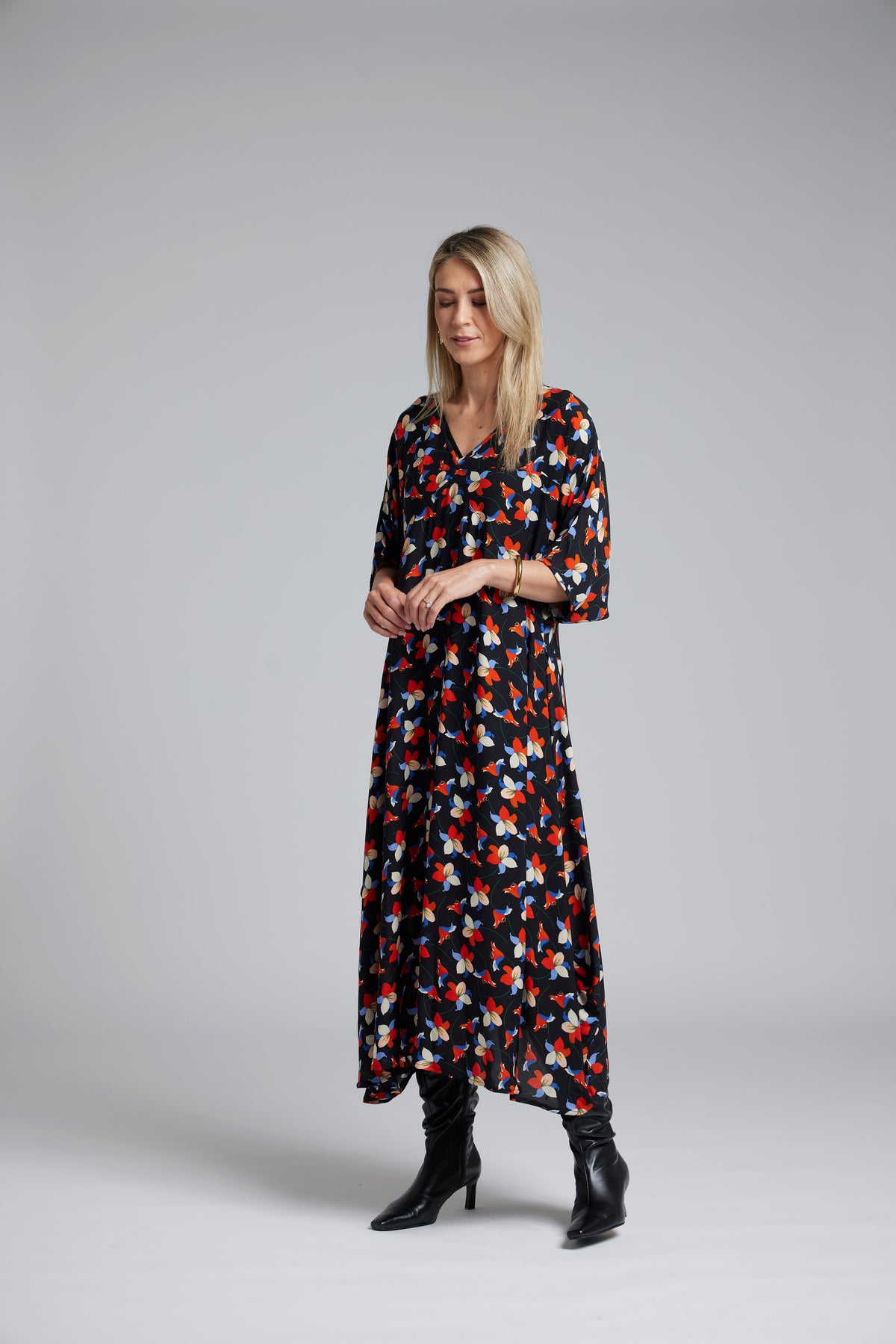 The NES Remi Dress by N-E-S – a floaty chiffon maxi with kimono sleeves, V neckline and soft movement. Designed to layer over a N-E-S Lattice Slip. Made in NZ.