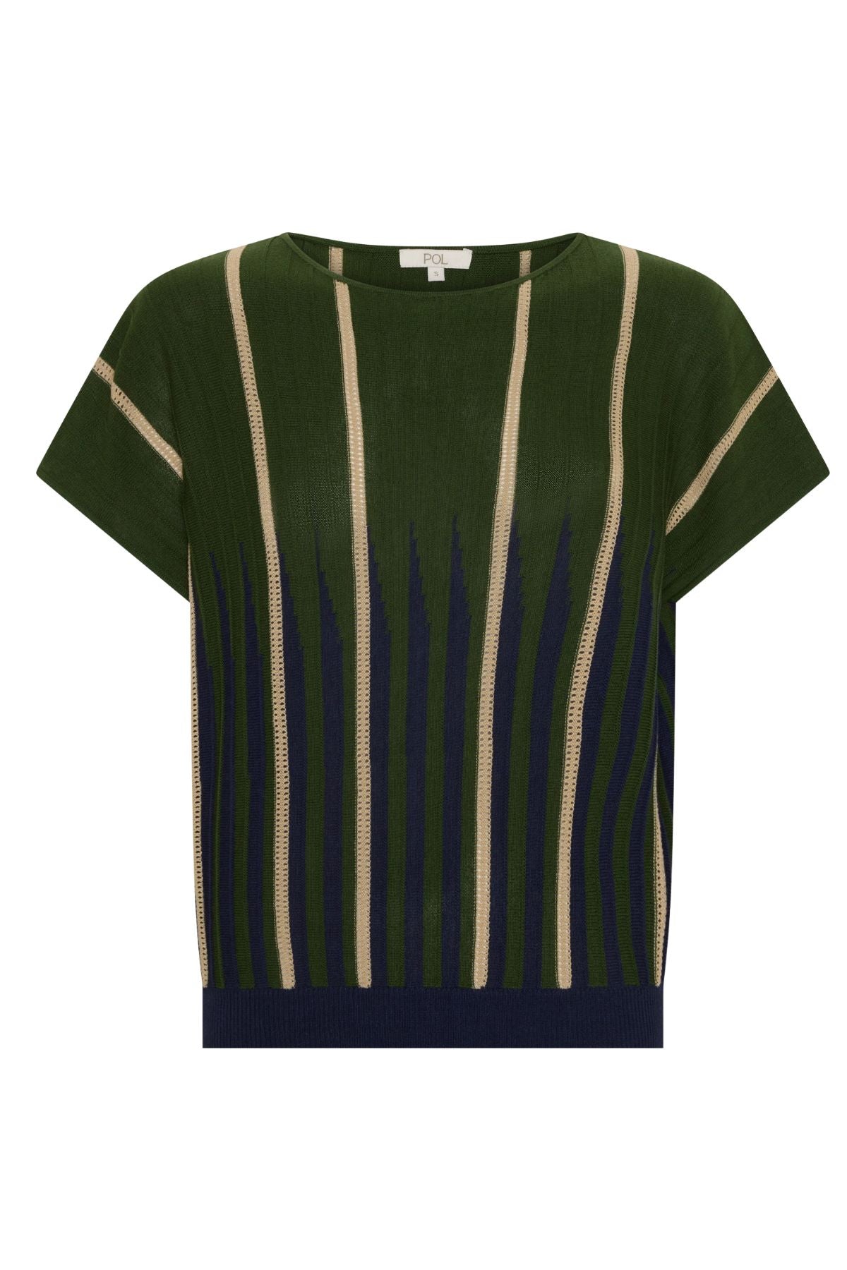 Discover the POL Axil Knit Top curated in racket, featuring signature knit pleats, pointelle contrast stripes and a relaxed, draped fit in a lightweight viscose blend.