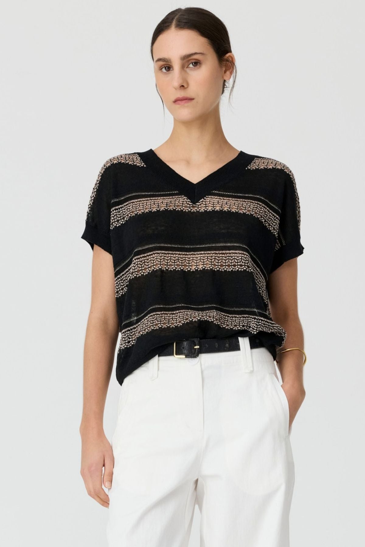 A beautifully detailed knit with a relaxed, oversized silhouette and a distinctly feminine finish. The POL Liana V-Neck Pointelle Knit draws inspiration from a stitch found in the POL archives, reimagined through intricate lace-style pointelle detailing and an easy, contemporary shape.