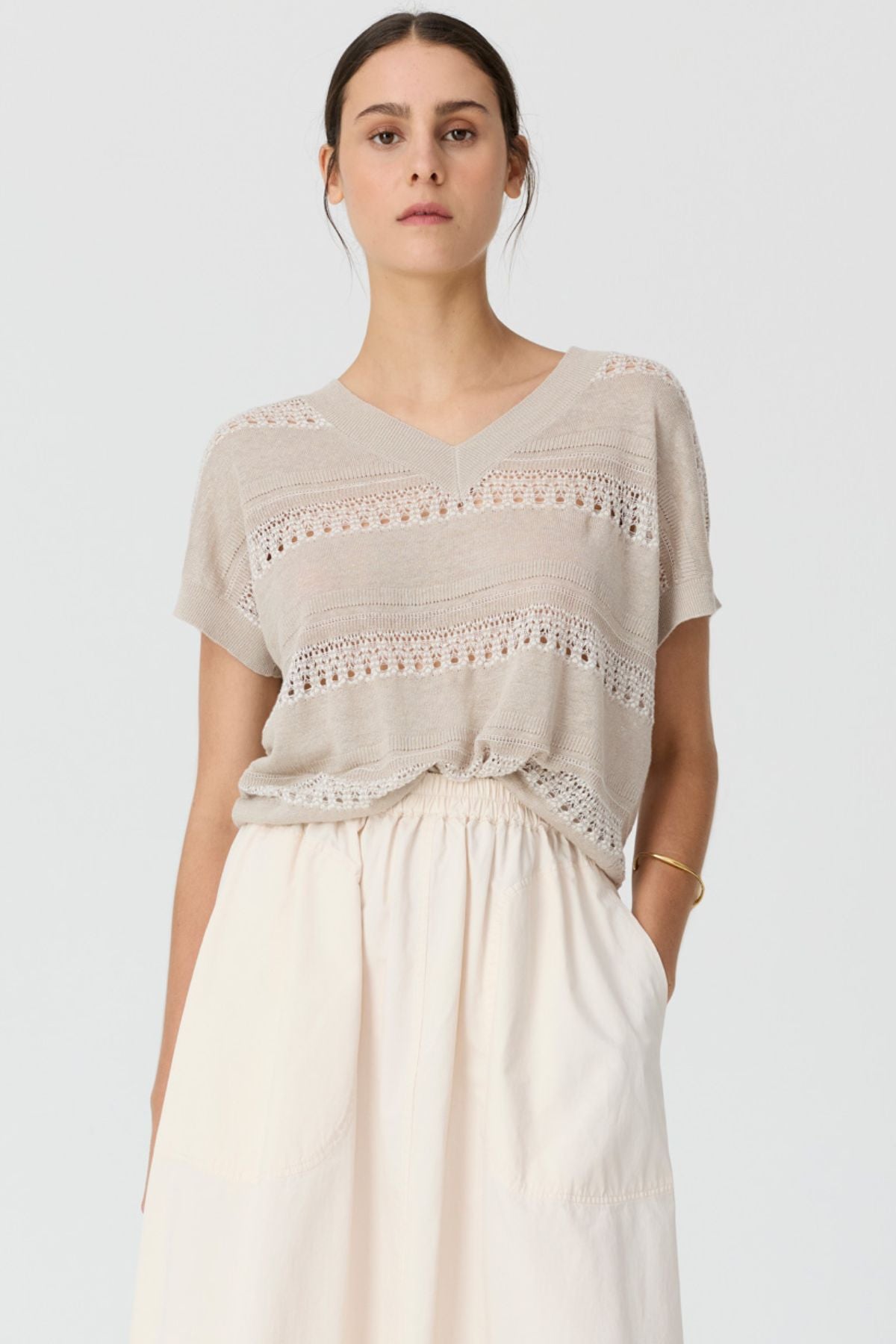 A beautifully detailed knit with a relaxed, oversized silhouette and a distinctly feminine finish. The POL Liana V-Neck Pointelle Knit draws inspiration from a stitch found in the POL archives, reimagined through intricate lace-style pointelle detailing and an easy, contemporary shape.