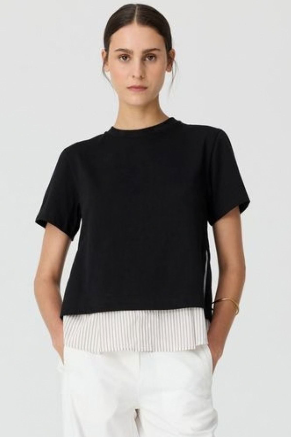 POL Mirel Multimedia Tee - Layered Without the Effort

The look of considered layering, all in one piece. The POL Mirel Multimedia Tee combines a relaxed cotton jersey tee with a contrasting striped shirting underlayer, creating an effortless layered silhouette without having to think about it.
