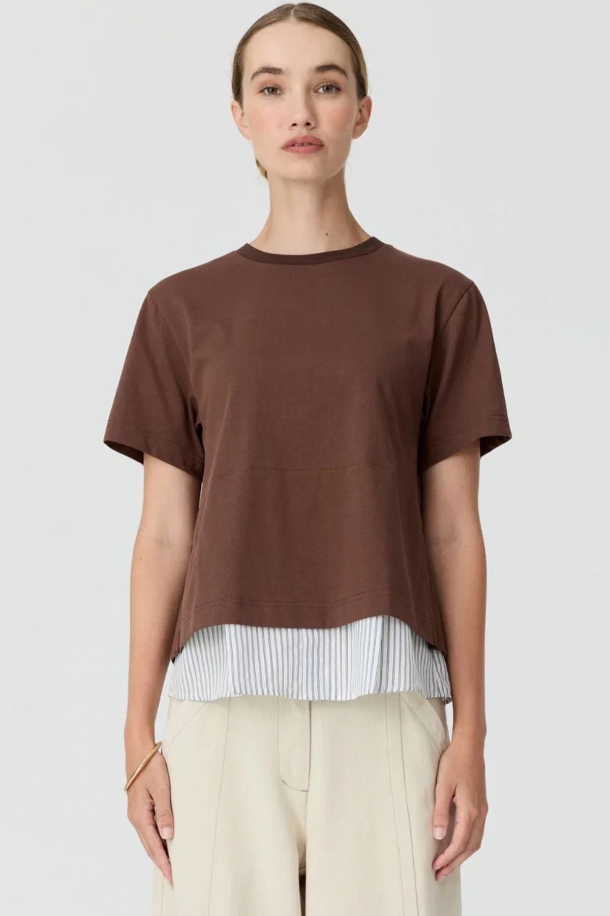 POL Mirel Multimedia Tee - Layered Without the Effort

The look of considered layering, all in one piece. The POL Mirel Multimedia Tee combines a relaxed cotton jersey tee with a contrasting striped shirting underlayer, creating an effortless layered silhouette without having to think about it.