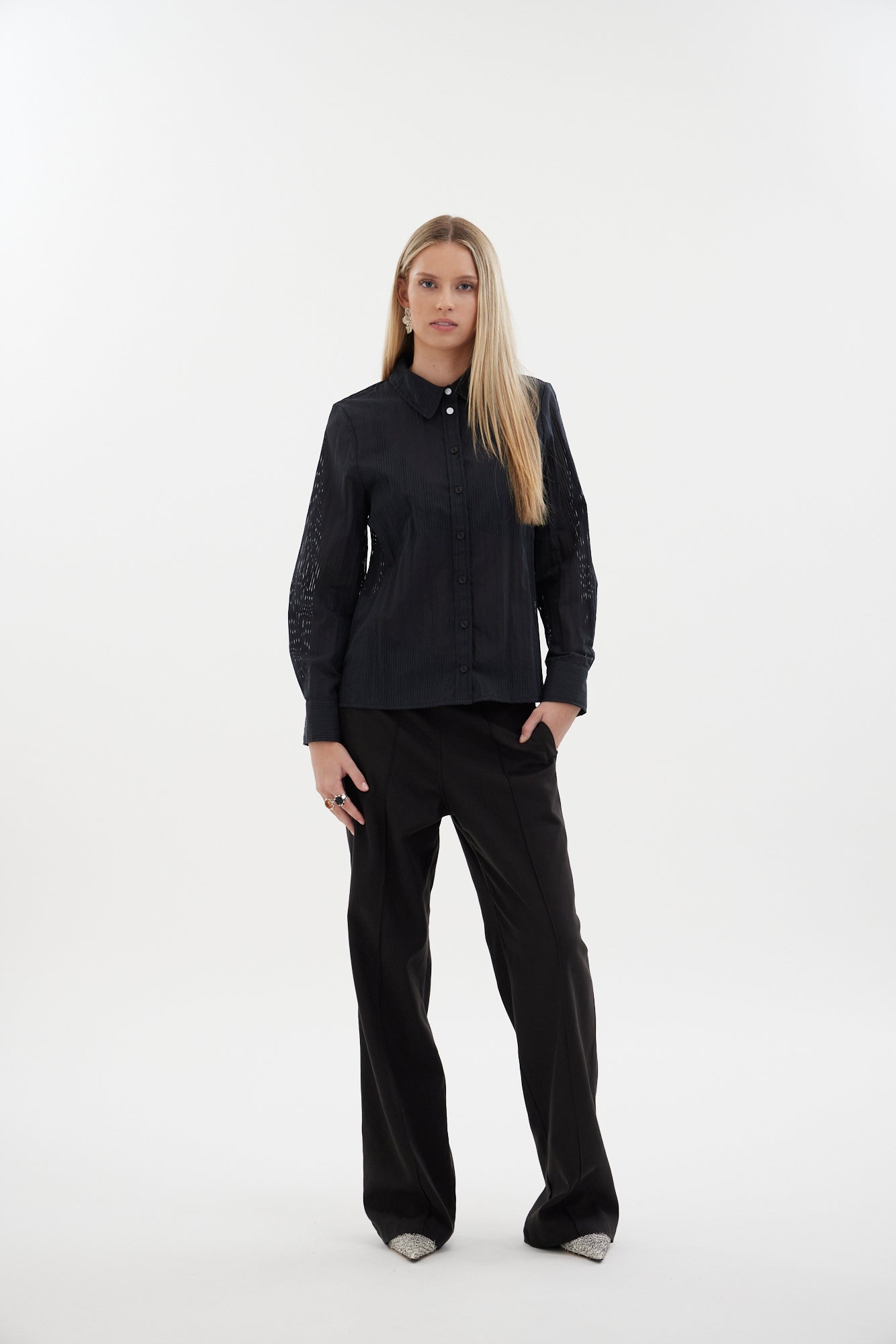 The Lume Shirt by N-E-S - a classic burnout stripe shirt with contrast top buttons, side splits and refined tailoring. Made responsibly in NZ.