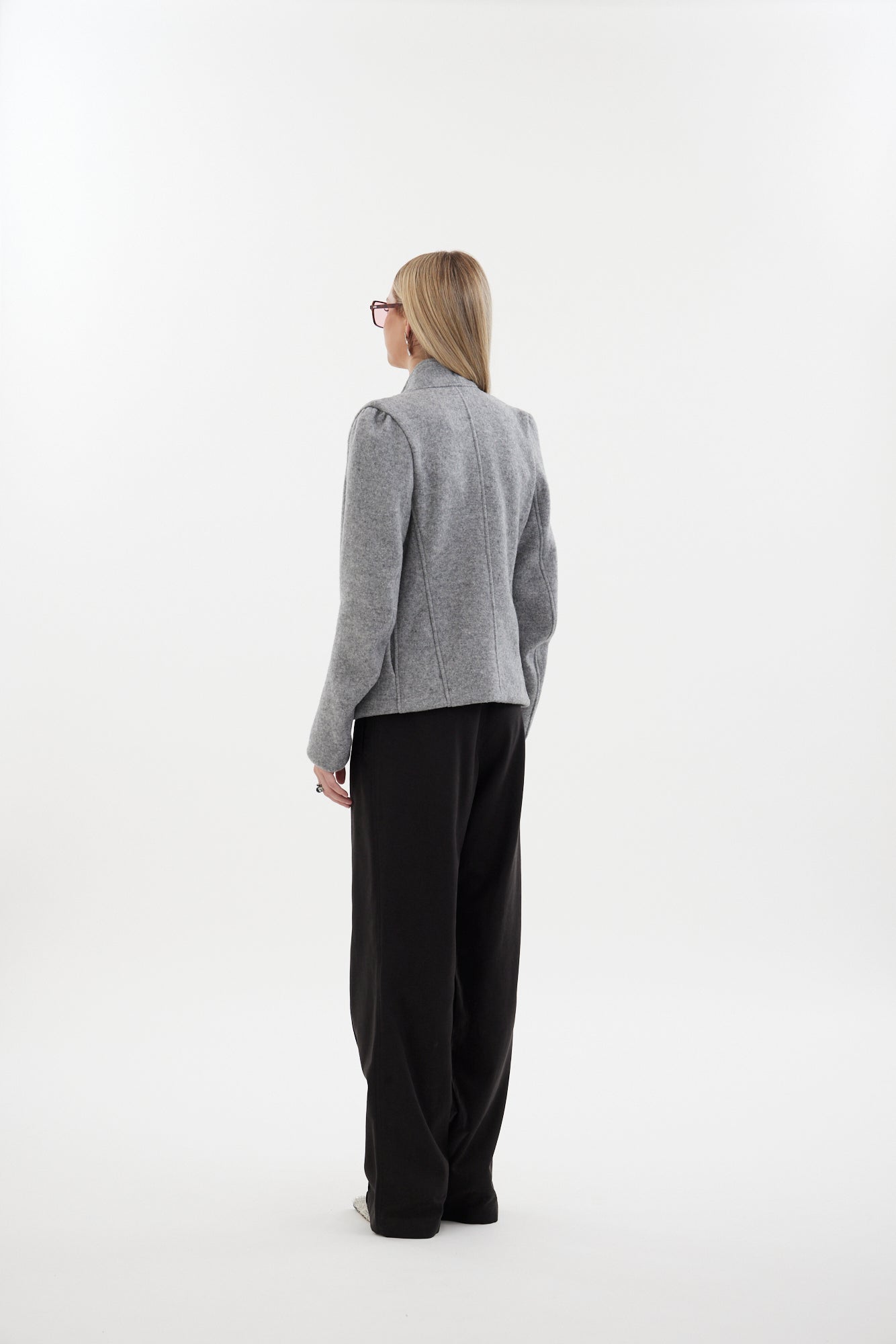 The Baseline Jacket by Racket — a modern collarless wool jacket with refined tailoring and an upper-hip cut. A timeless layer made responsibly in NZ.