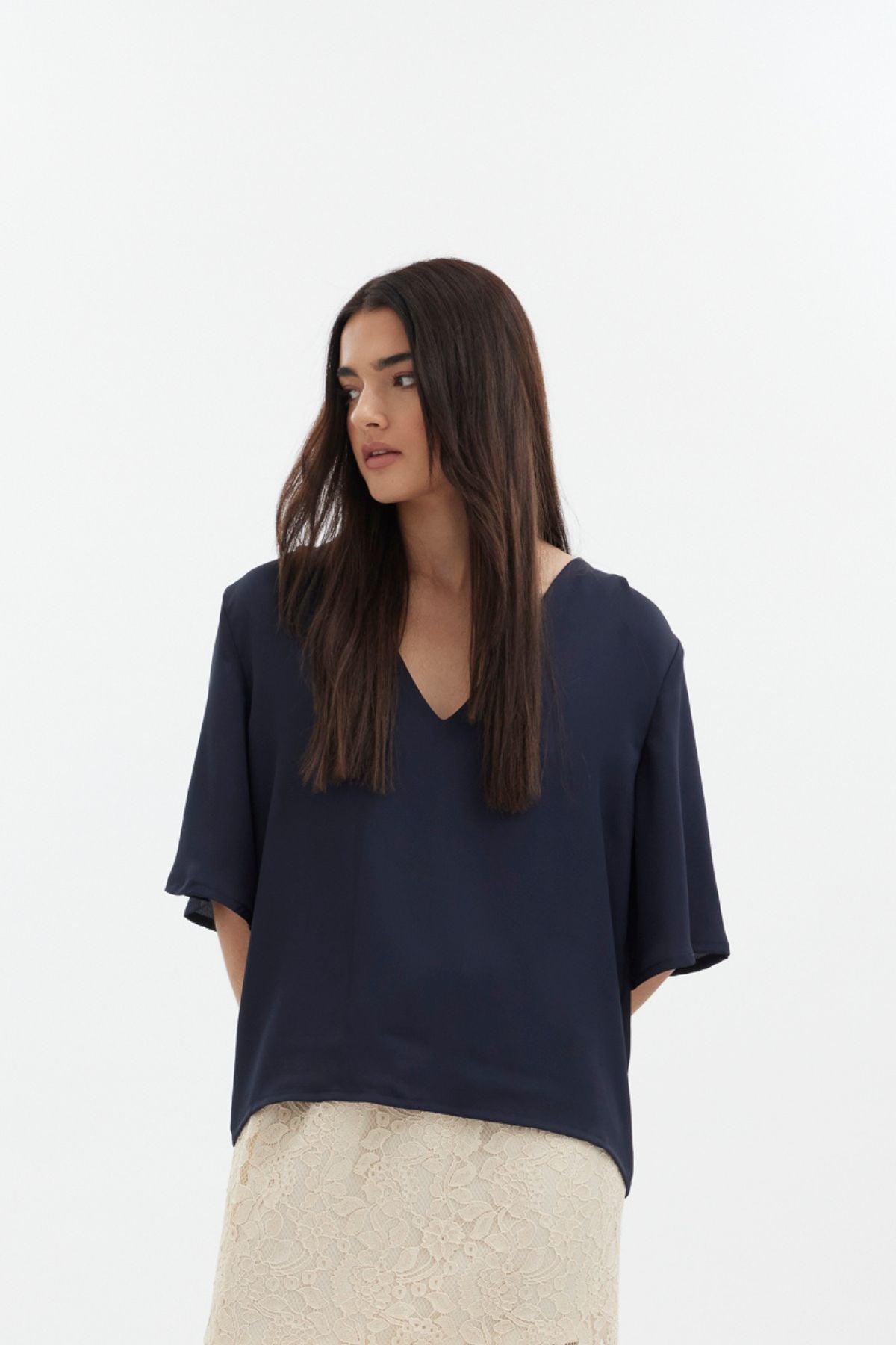 The Dylan Top by racket - a reversible crew and V-neck top with floaty elbow sleeves and an easy relaxed fit. A versatile NZ-made wardrobe staple.