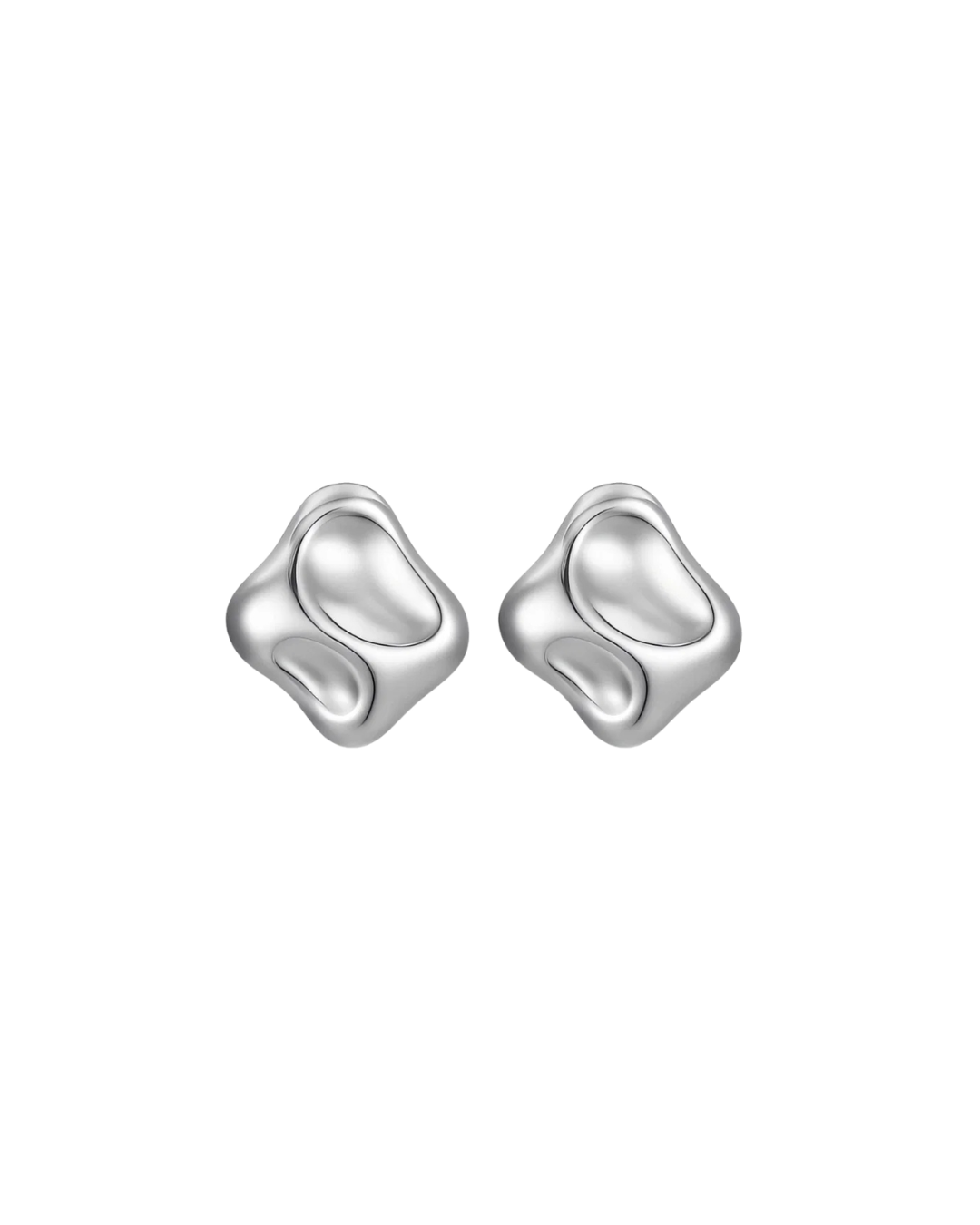 Molten Earrings by Castel and Co in polished silver, featuring sculptural, organic liquid-like curves that reflect light for a bold yet timeless statement. Stud closure with a 2 x 2 cm size, made from stainless steel, lightweight at 6g, waterproof and hypoallergenic.