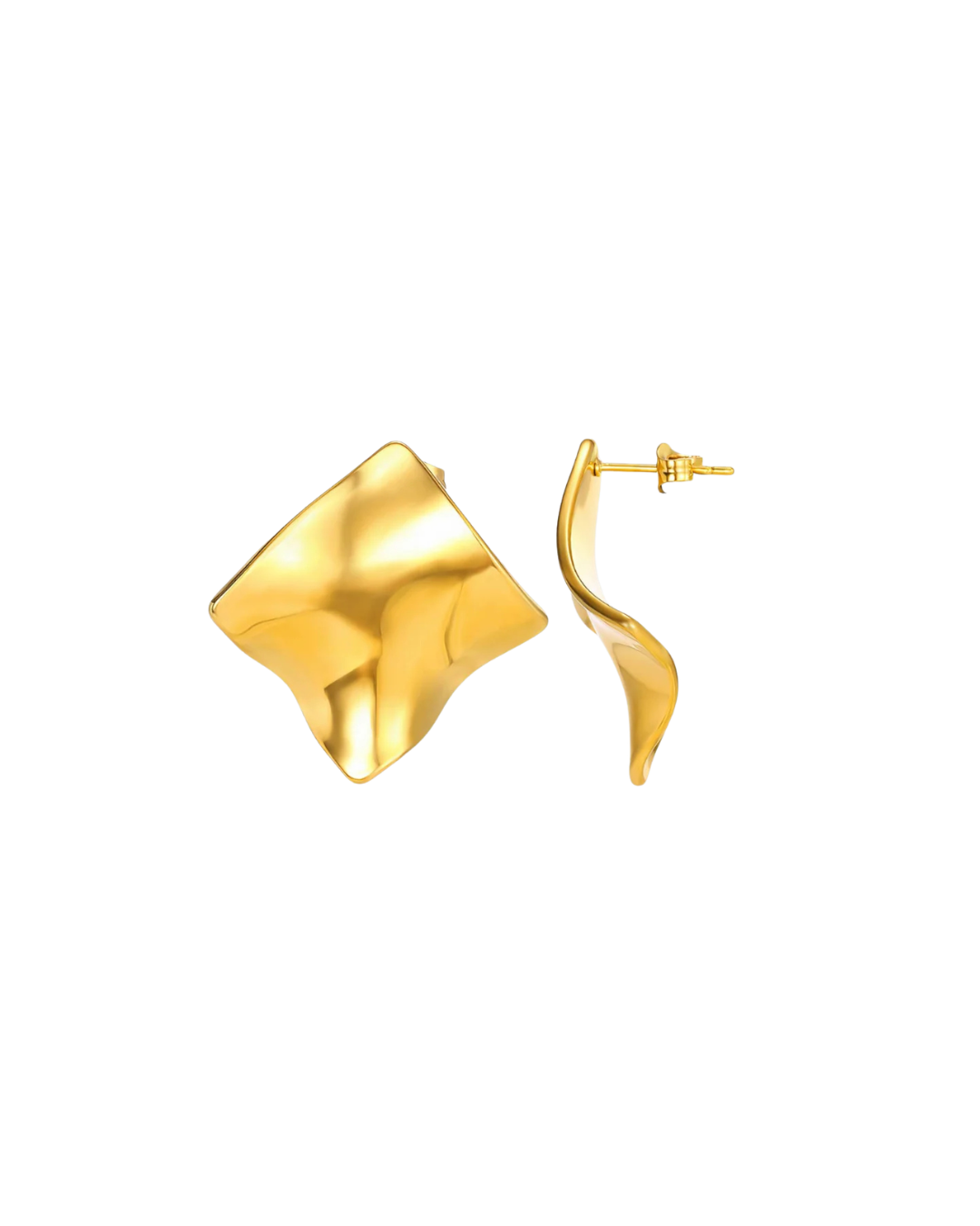 Nora Earrings in radiant gold with bold, fluid, sculptural curves that catch the light for a modern, statement finish. Stud closure with a 3 x 3 cm size, crafted from stainless steel with gold plating. Waterproof, hypoallergenic, and lightweight at 11g.