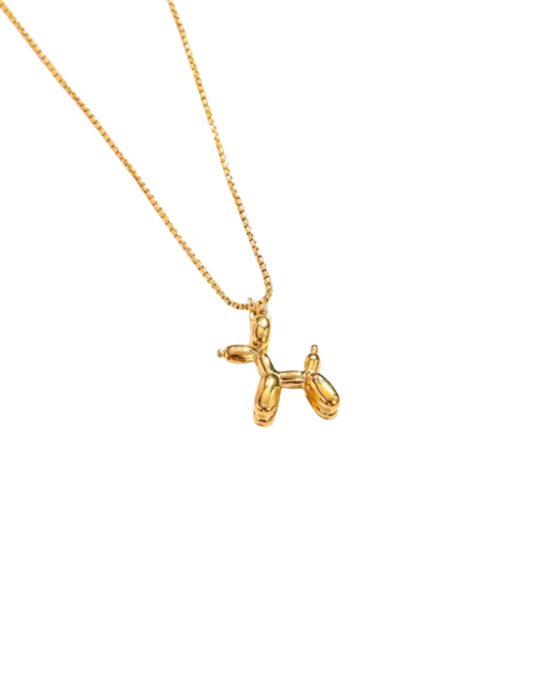 Balloon Dog Necklace by Castel & Co in radiant gold plating, featuring a playful sculptural pendant inspired by a balloon dog design. Suspended on a fine chain for a modern, whimsical statement that can be worn solo or layered. Lobster claw closure with a 40 + 5 cm adjustable length. Crafted from stainless steel, waterproof, hypoallergenic, and weighing 12g.