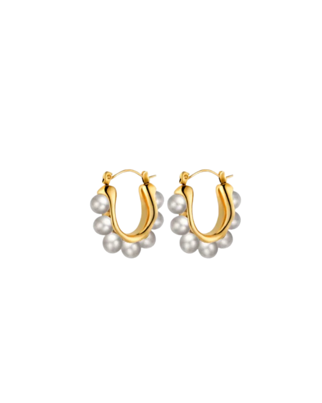 Margot Earrings by Castel & Co feature a softly sculpted gold-plated stainless steel hoop finished with a luminous imitation pearl drop. Designed to feel both modern and timeless, they bring a refined edge to everyday styling while also suiting occasion wear. Measuring 2.4 x 2.6 cm with a secure hinge closure. Lightweight (10g), waterproof, and hypoallergenic.