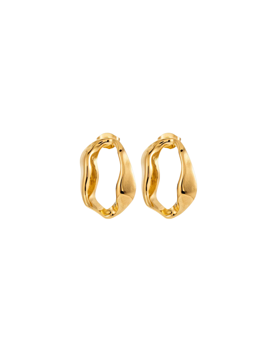 Aurora Earrings by Castel & Co are gold-plated stainless steel sculptural hoop earrings featuring a fluid, organic silhouette. Designed with a modern, artistic shape that balances statement appeal with everyday wearability, they are lightweight (3g) with a stud closure and measure 2.1 x 1.4 cm. Hypoallergenic and waterproof.
