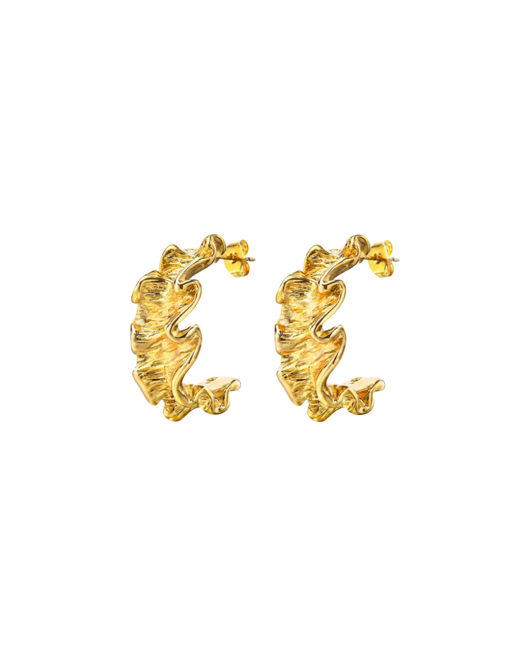 Textured, bold, and effortlessly chic—the Castel & Co Crinkle Earrings in Gold bring a sculptural edge to classic jewellery. Their organic, rippled design reflects light beautifully, creating a statement that feels both modern and timeless. Perfect for adding depth to minimal looks or enhancing an already bold ensemble, these earrings offer a sophisticated yet playful finish to any outfit.

Main material: gold plating, stainless steel
Closure type: stud
Earrings size: 3 x 1,5 cm
Waterproof/ hypoallergenic