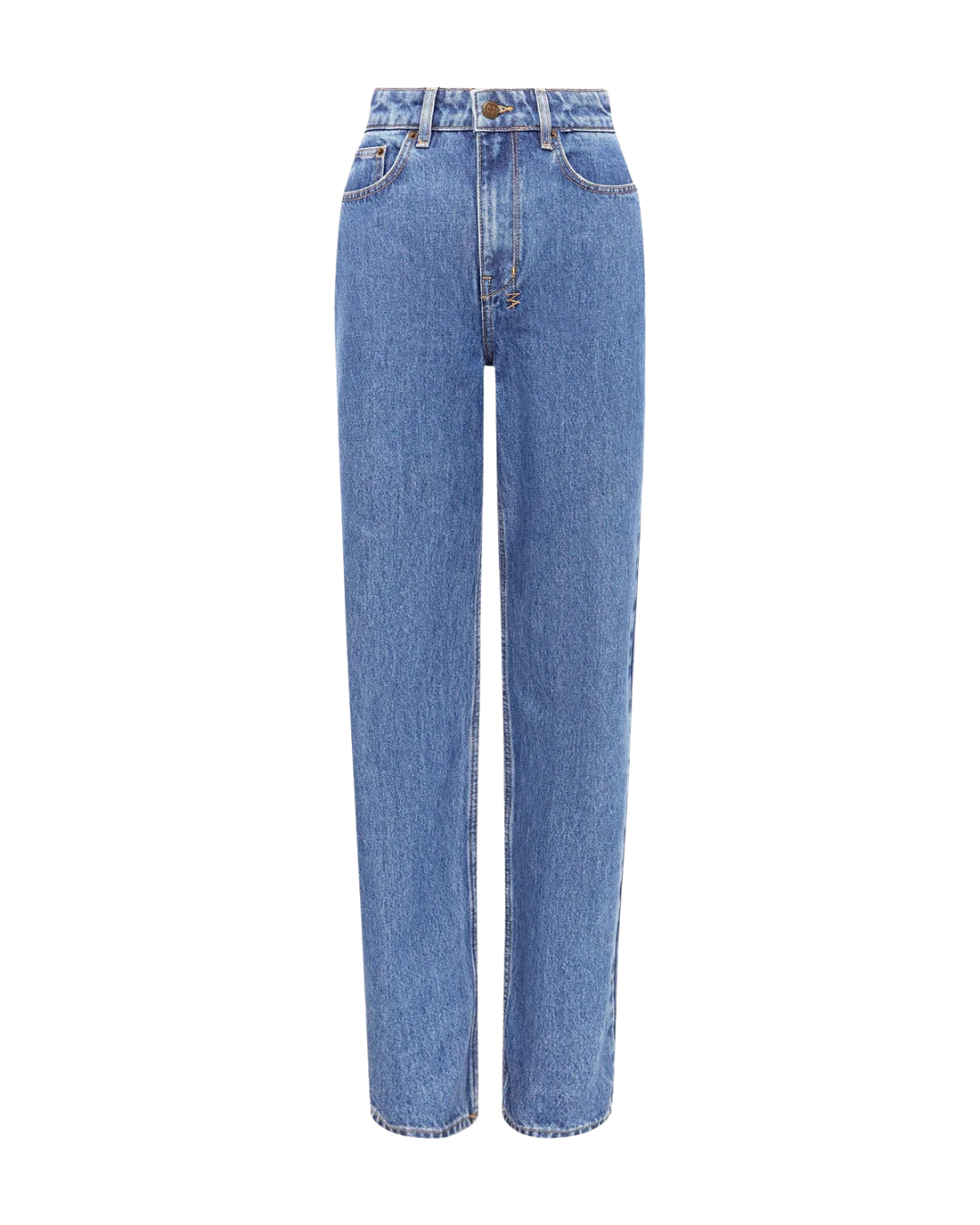 A relaxed straight-leg jean with a high waist, made from premium European rigid denim in a heritage stone-washed blue.&nbsp;It includes classic five-pocket styling, anti-silver branded hardware, and signature T-box and back cross embroidery.