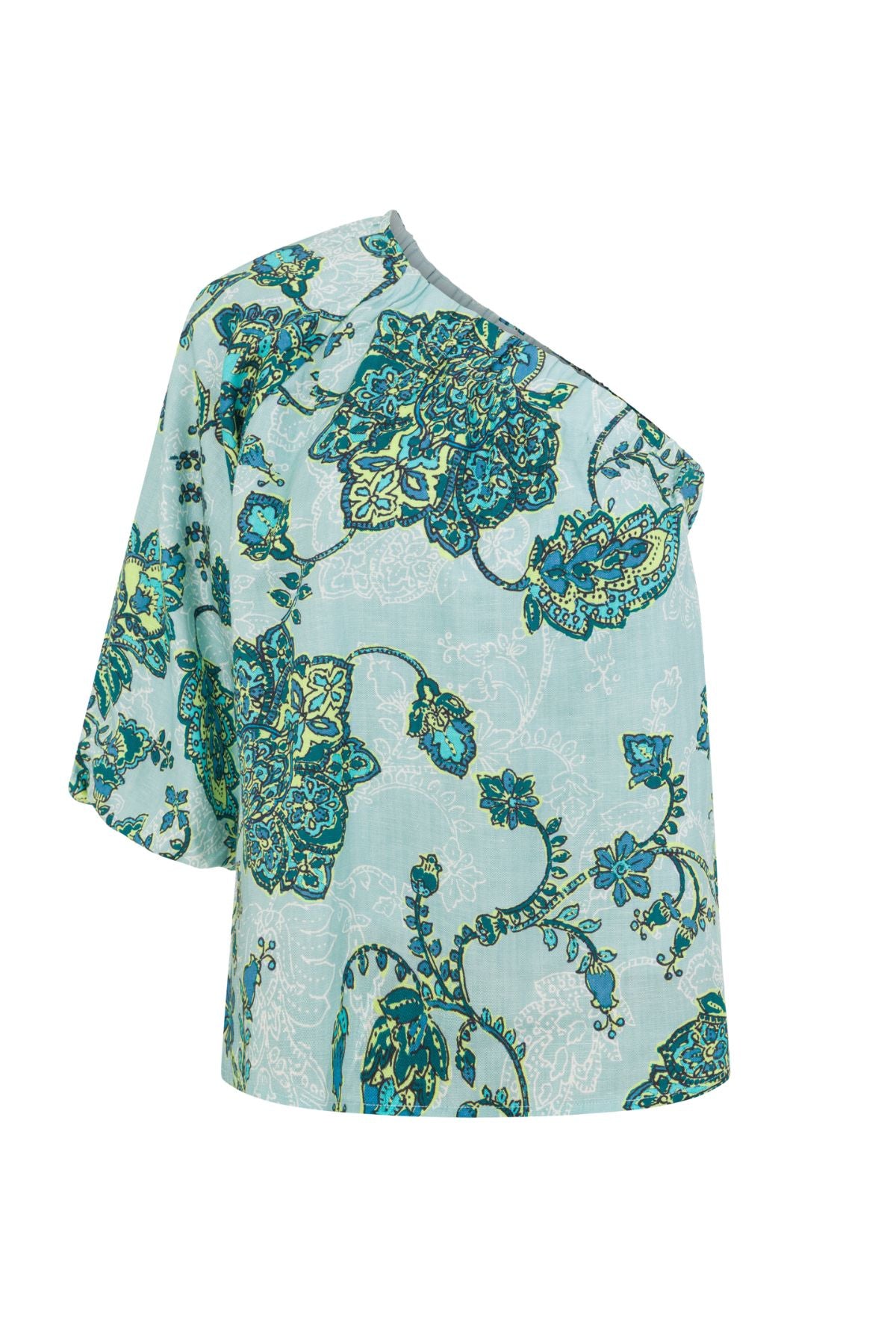 Discover the Zoe Kratzmann Pearl Top in Fern Paisley. Crafted in a soft lyocell-linen blend, featuring an asymmetric one-shoulder design and blouson sleeve.