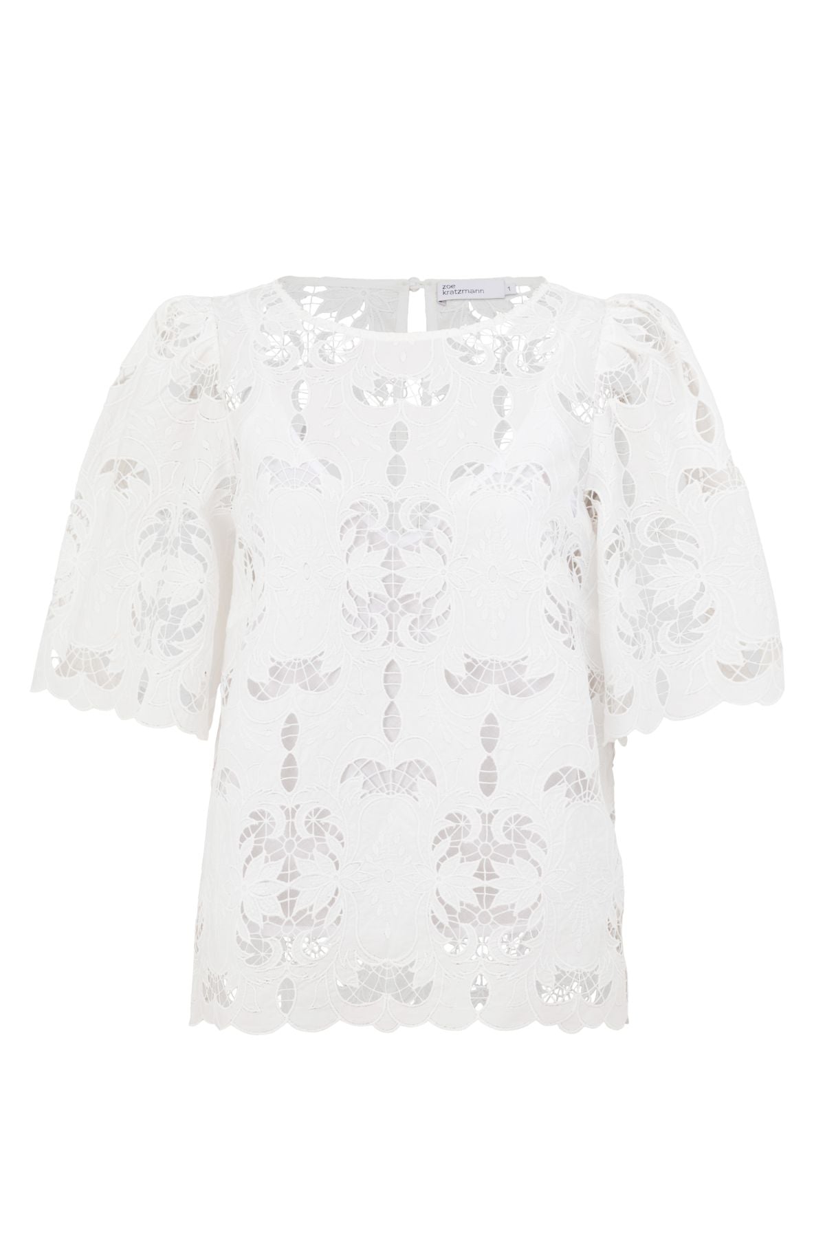 Discover the Zoe Kratzmann Resolve Top in Alabaster. Crafted from intricate 100% cotton lace with gathered short sleeves, a classic round neckline and cami included.