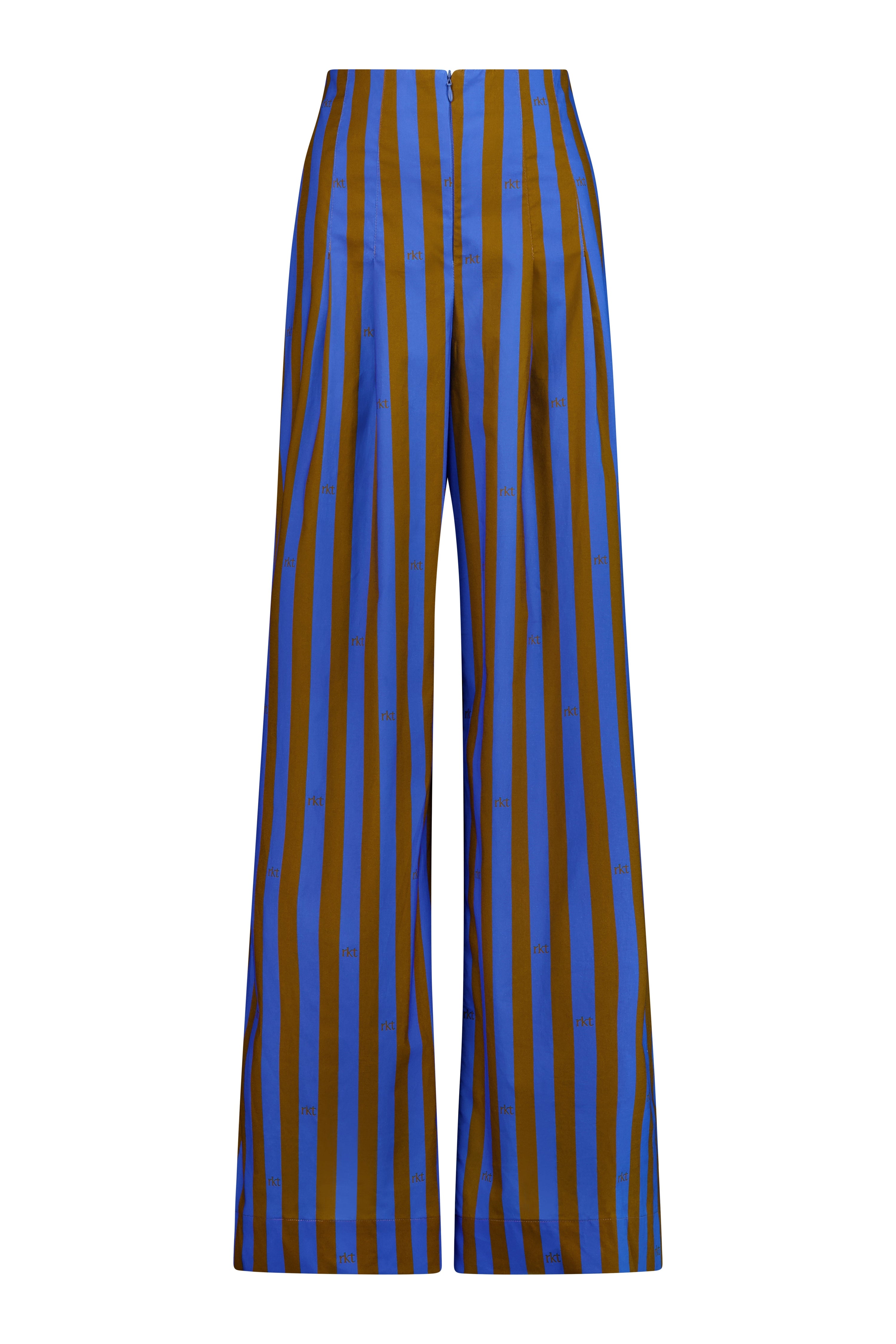 The Motion Pant by Racket — a wide leg cotton pant with double pleats and flexible comfort. Available in RKT Blue-Rust Stripe - long length. Made in NZ