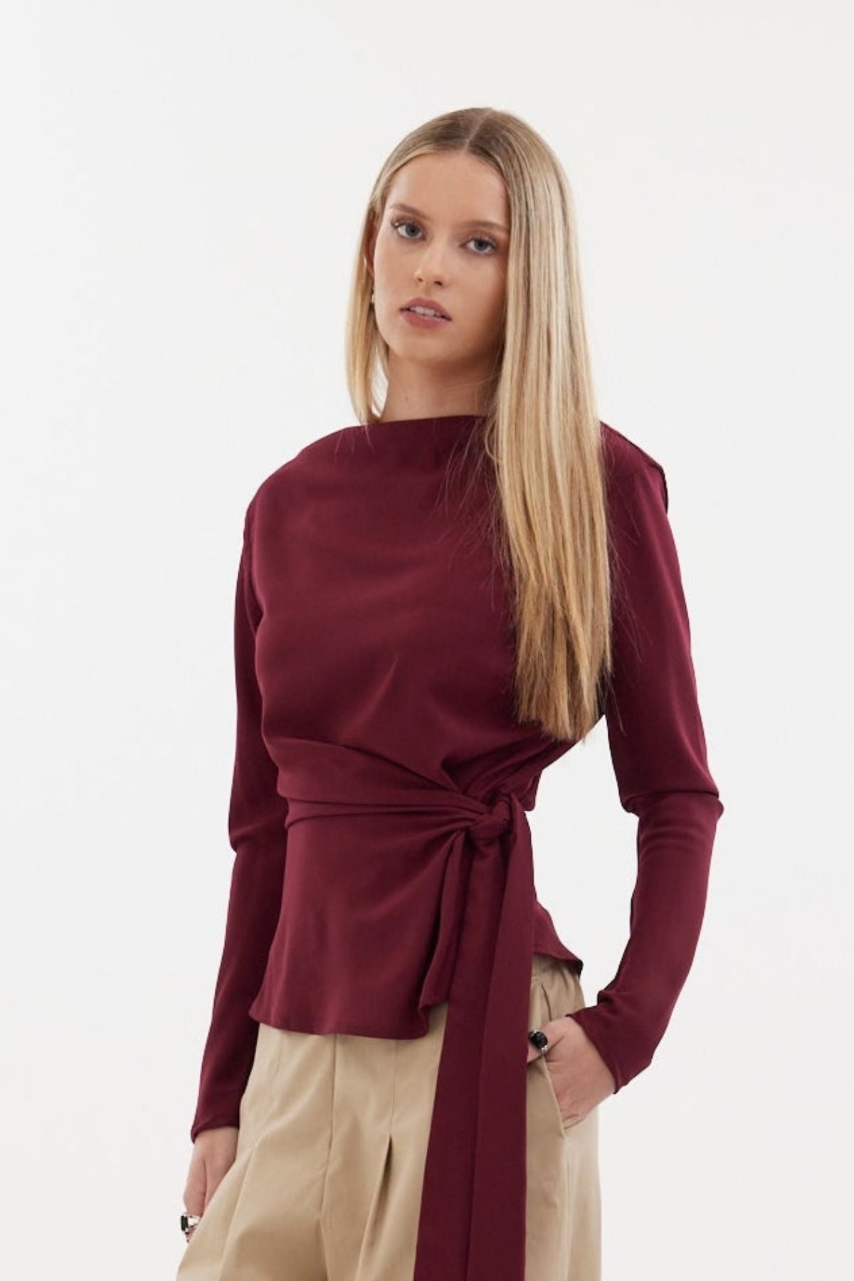 The Zenith Top by Racket - a sculpted cross over top with bias sleeves and adjustable tie. Available in crepe and satin back crepe. NZ made.