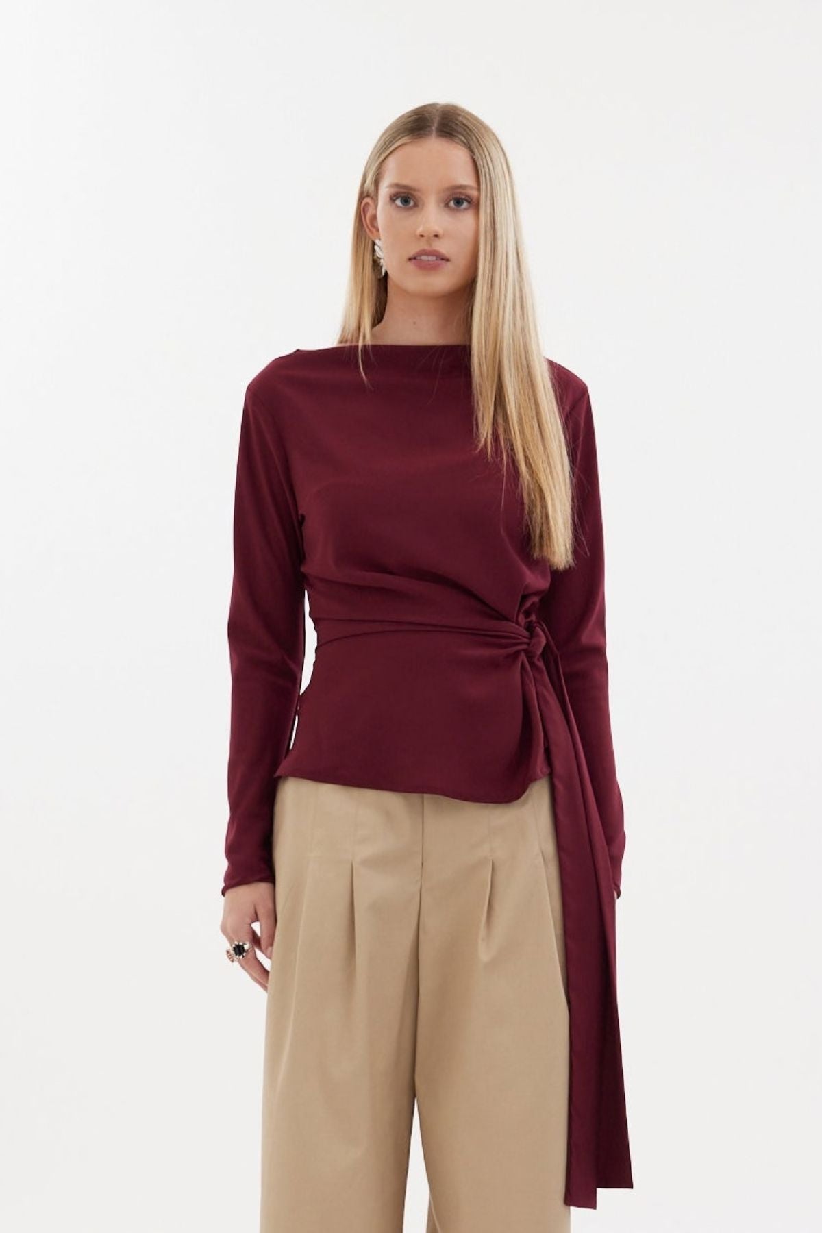 The Zenith Top by Racket - a sculpted cross over top with bias sleeves and adjustable tie. Available in crepe and satin back crepe. NZ made.