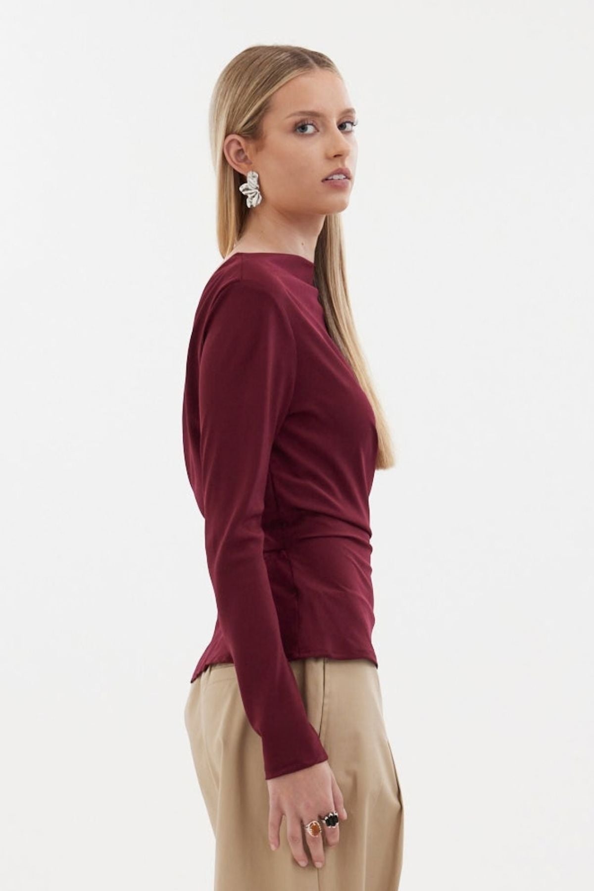 The Zenith Top by Racket - a sculpted cross over top with bias sleeves and adjustable tie. Available in crepe and satin back crepe. NZ made.