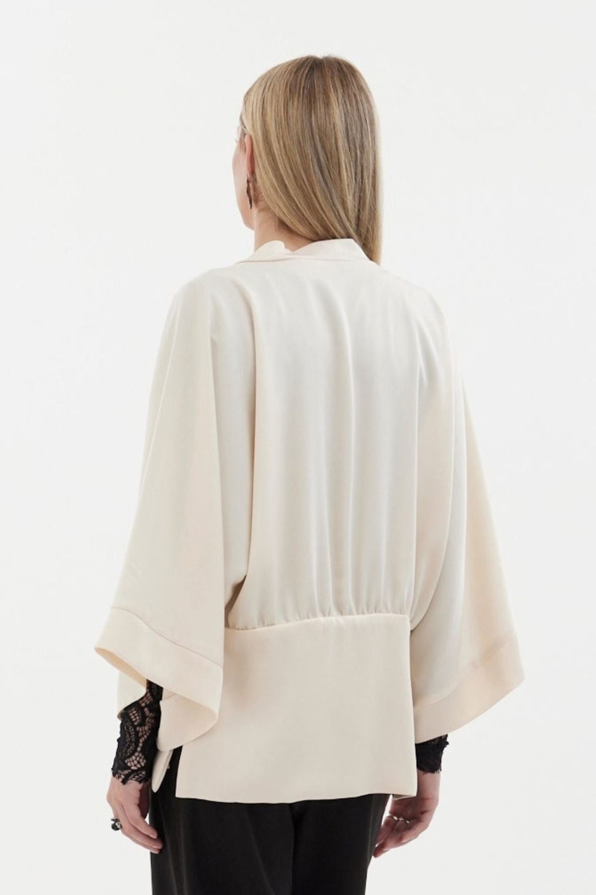 The Zenith Jacket by Racket - a satin jacket with wide sleeves, gathered panel and optional tie. Perfect for events or everyday polish. NZ made.