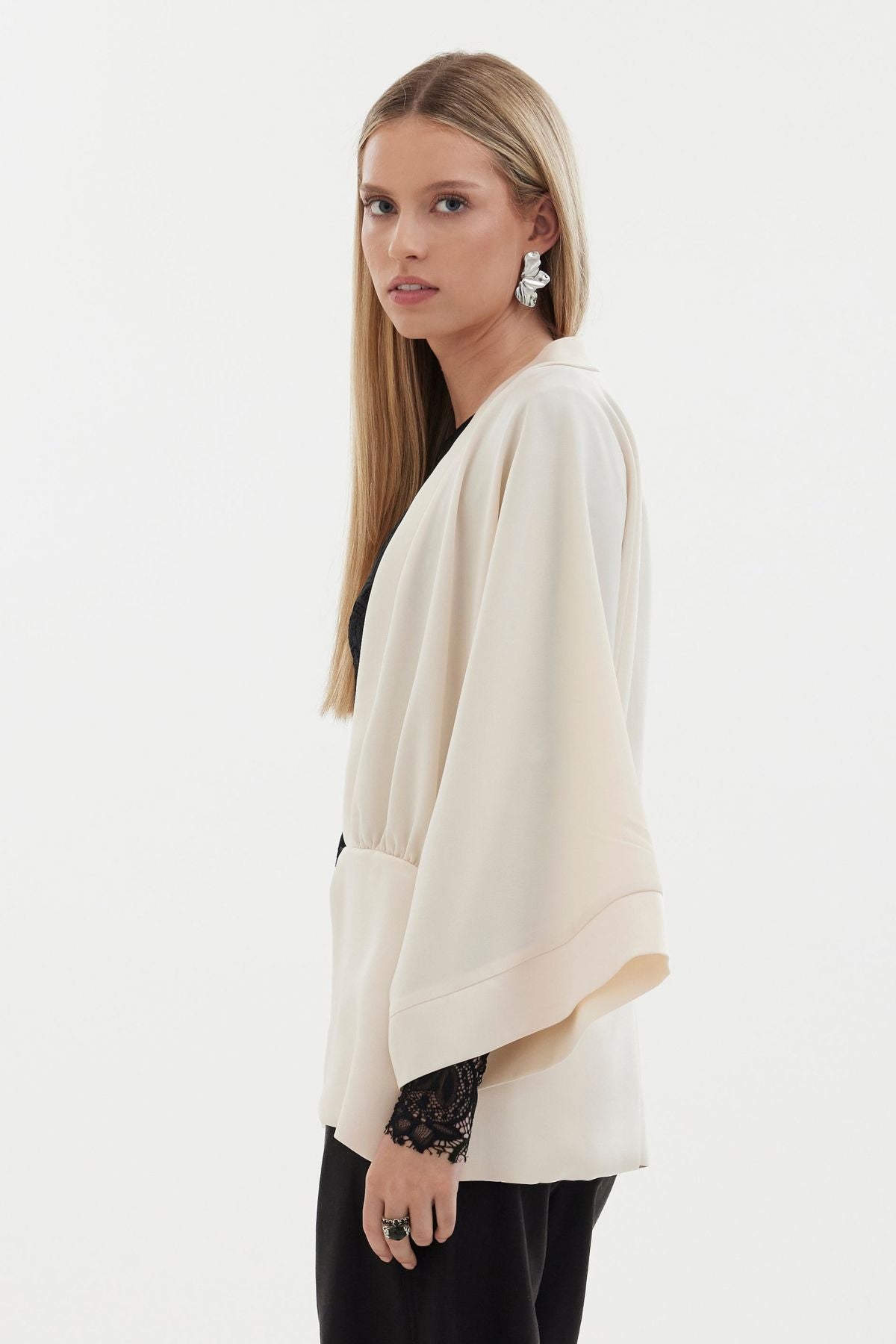 The Zenith Jacket by Racket - a satin jacket with wide sleeves, gathered panel and optional tie. Perfect for events or everyday polish. NZ made.