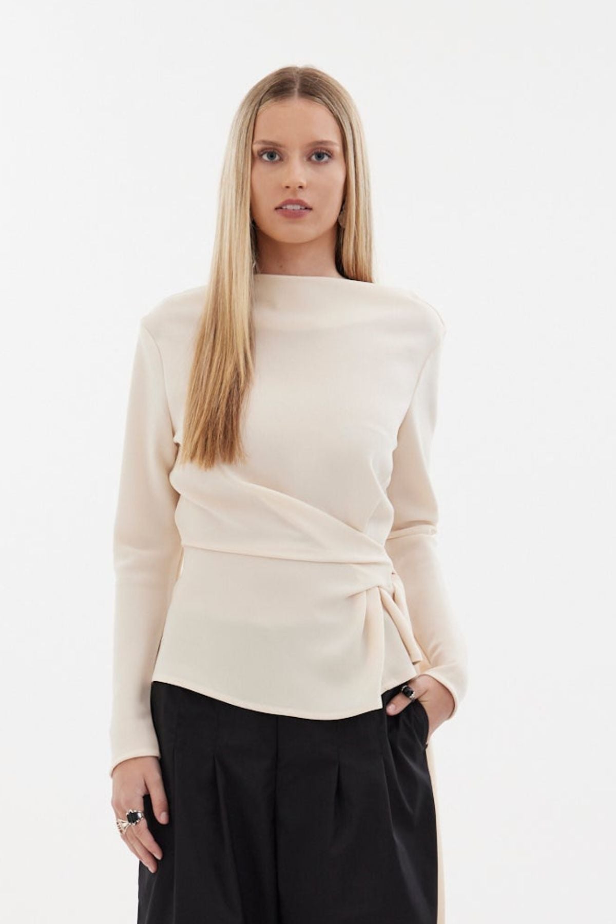 The Zenith Top by Racket - a sculpted cross over top with bias sleeves and adjustable tie. Available in crepe and satin back crepe. NZ made.