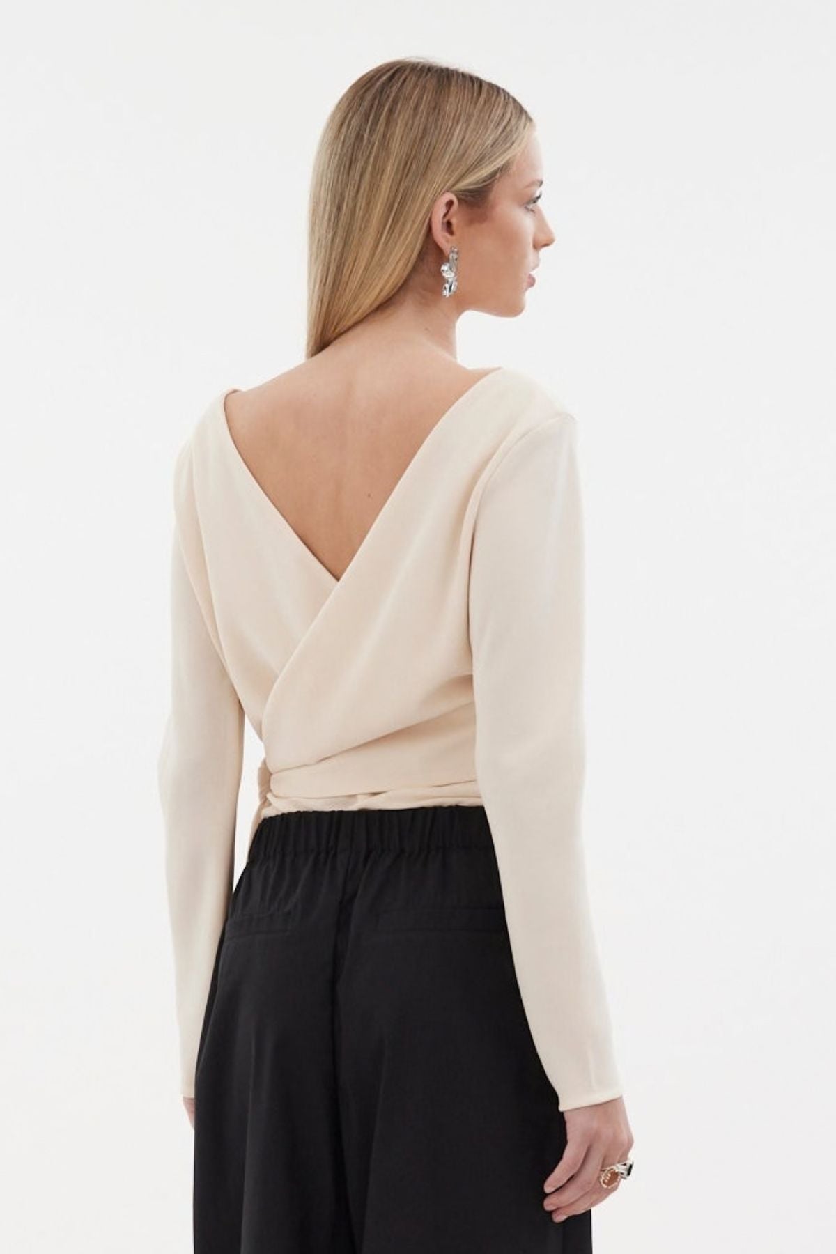 The Zenith Top by Racket - a sculpted cross over top with bias sleeves and adjustable tie. Available in crepe and satin back crepe. NZ made.