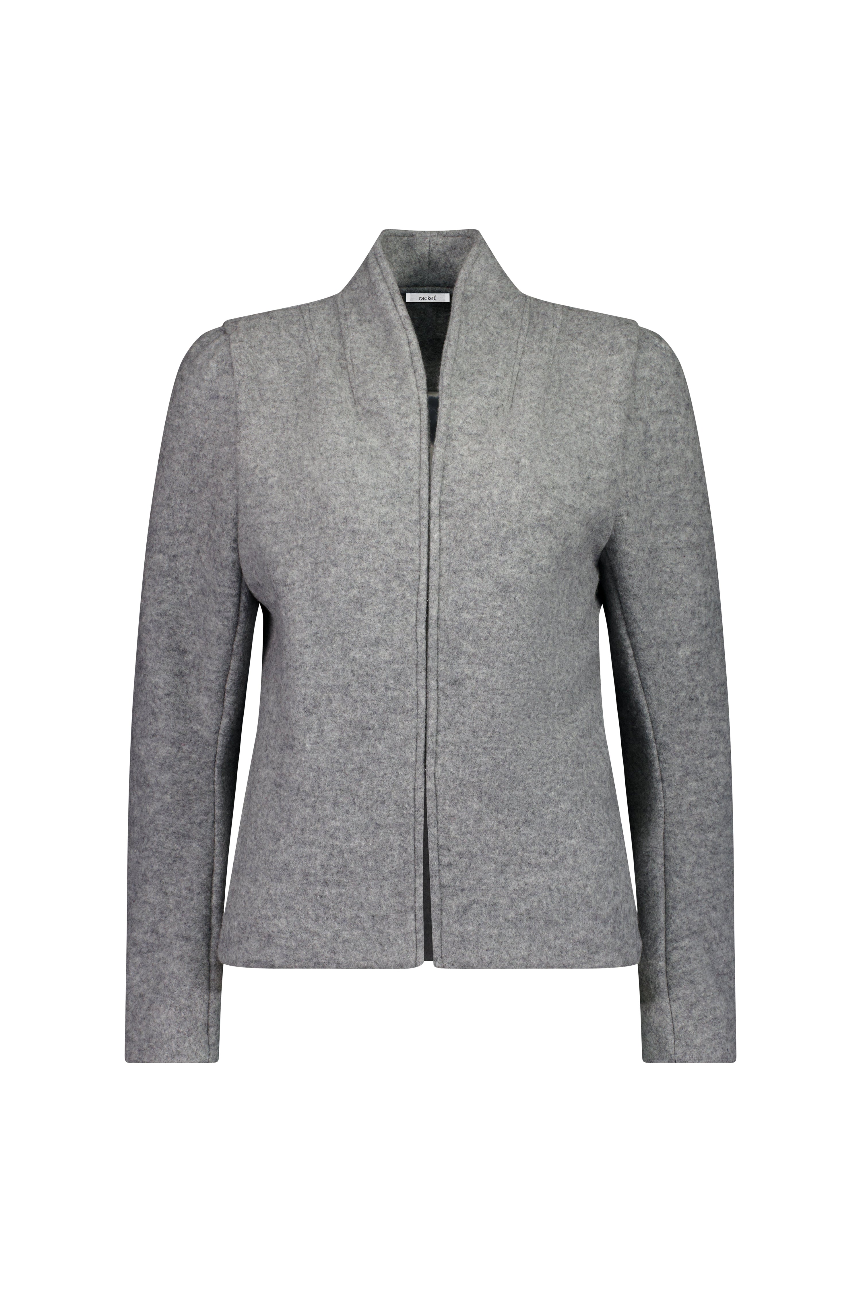 The Baseline Jacket by Racket — a modern collarless wool jacket with refined tailoring and an upper-hip cut. A timeless layer made responsibly in NZ.