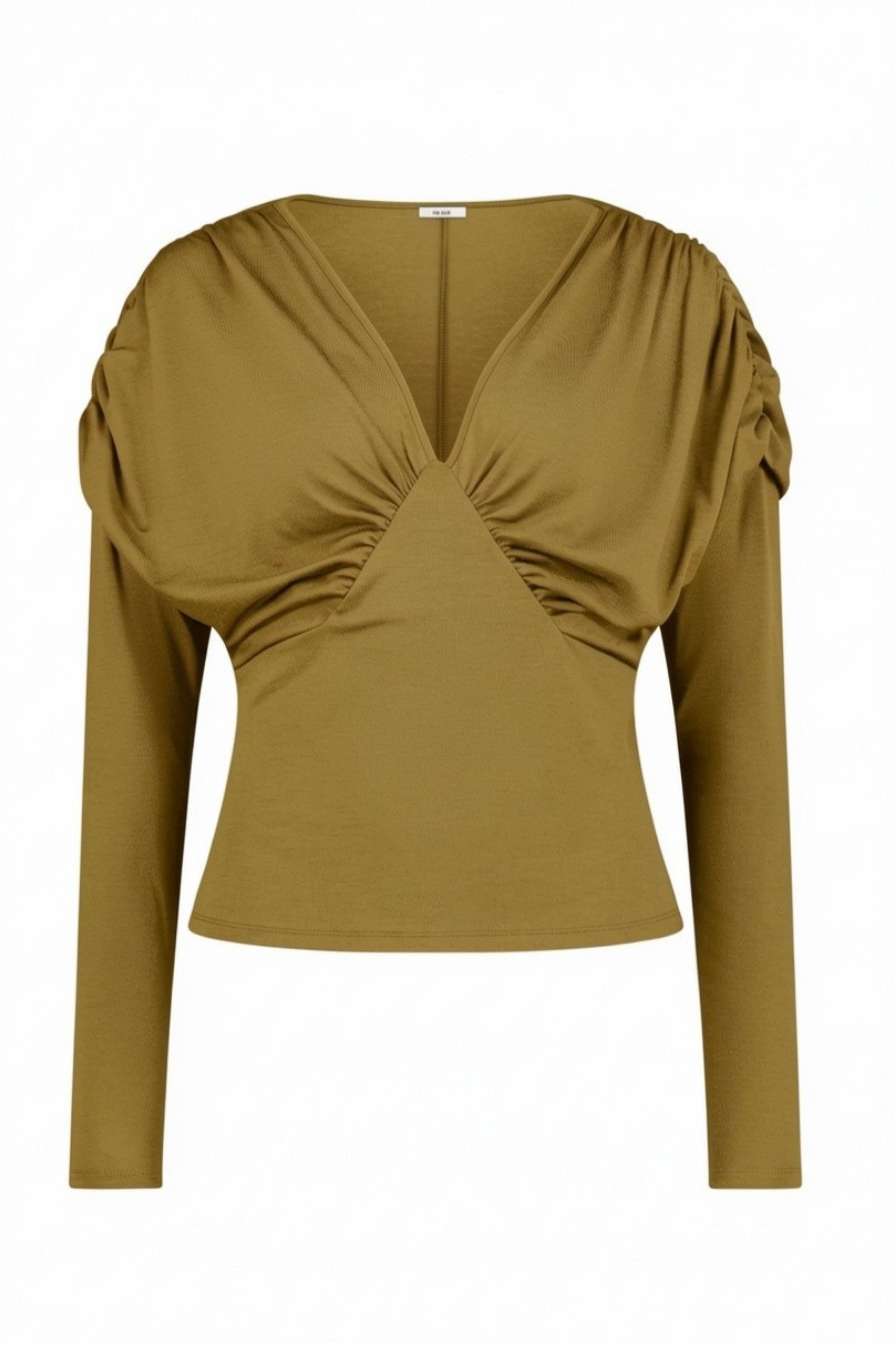 The Muse Top by Racket - a 100% merino long sleeve top with V-neck, rouched detailing and sleek sleeves. Refined comfort, made in NZ.