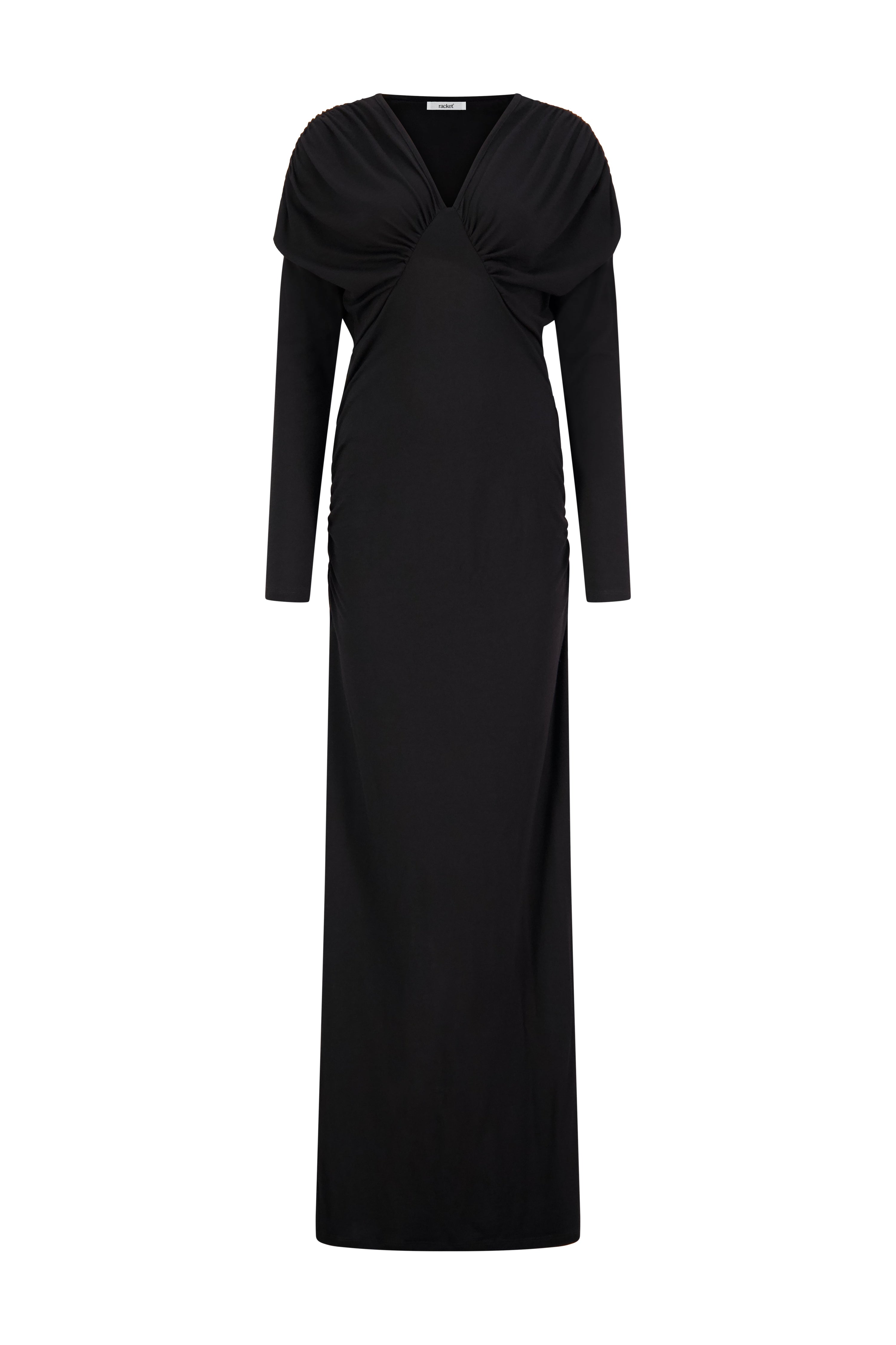 The Muse Dress by Racket - a 100% merino full-length dress with V-neck, rouched detailing and sleek sleeves. Refined comfort, made in NZ.