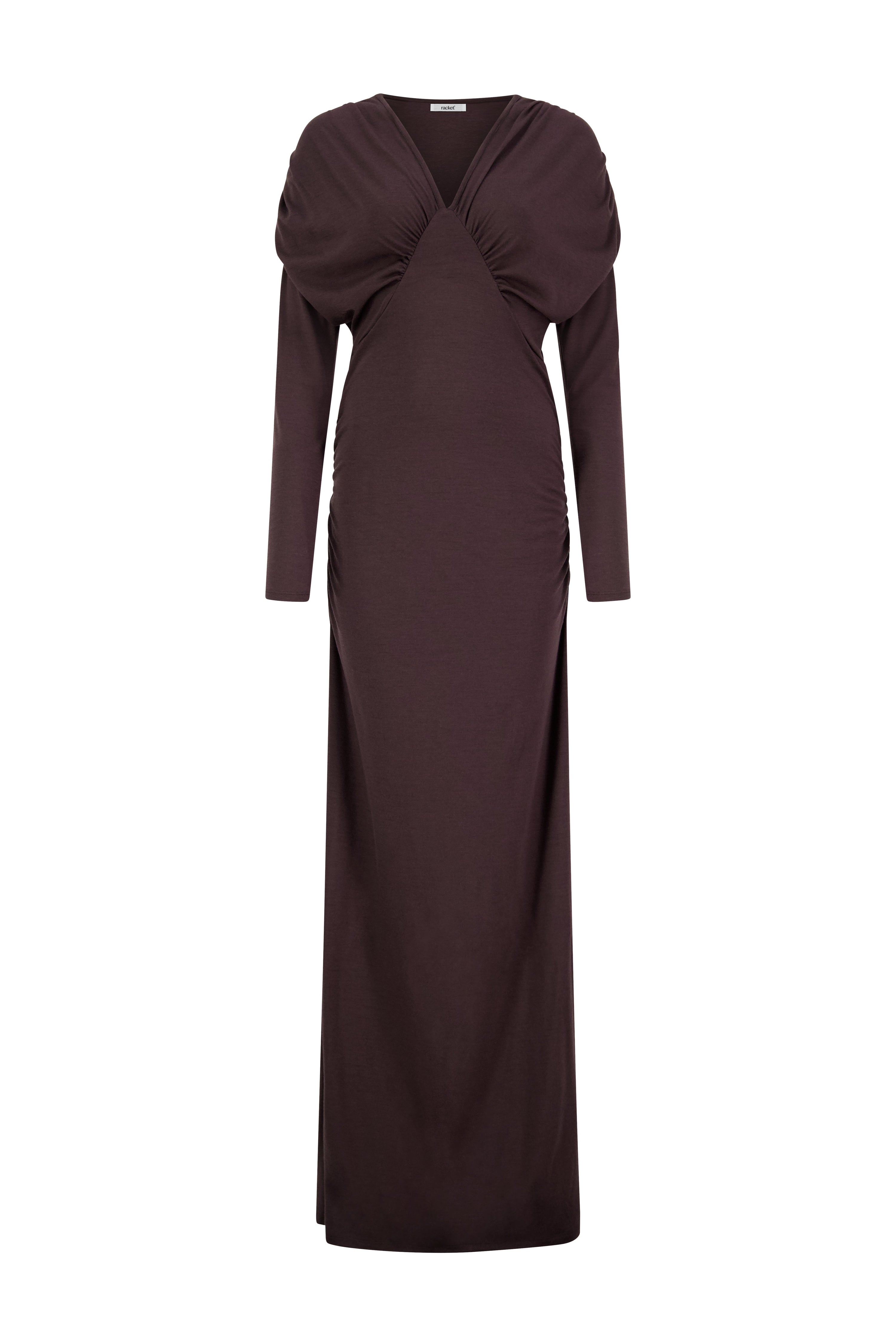 The Muse Dress by Racket - a 100% merino full-length dress with V-neck, rouched detailing and sleek sleeves. Refined comfort, made in NZ.