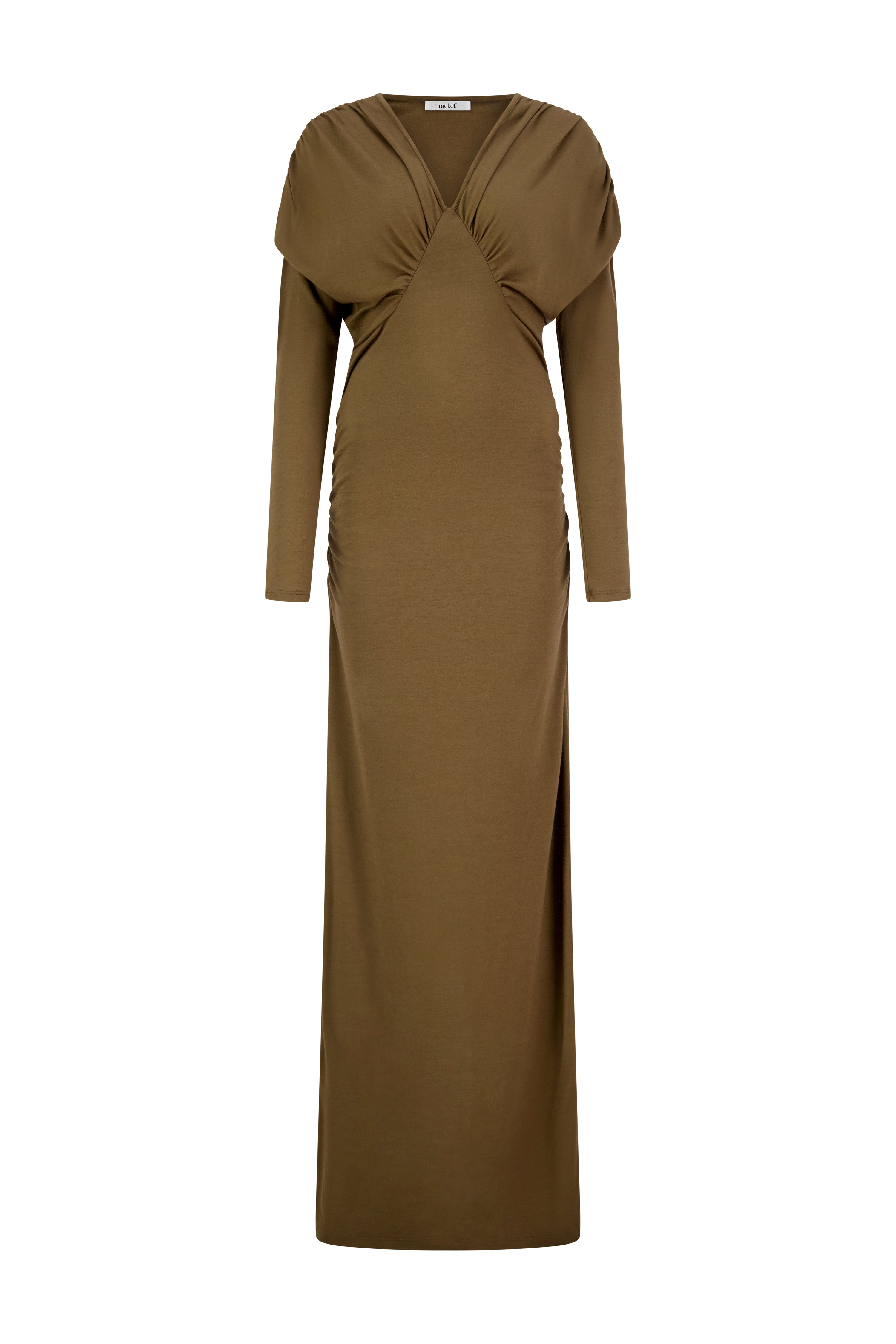 The Muse Dress by Racket - a 100% merino full-length dress with V-neck, rouched detailing and sleek sleeves. Refined comfort, made in NZ.