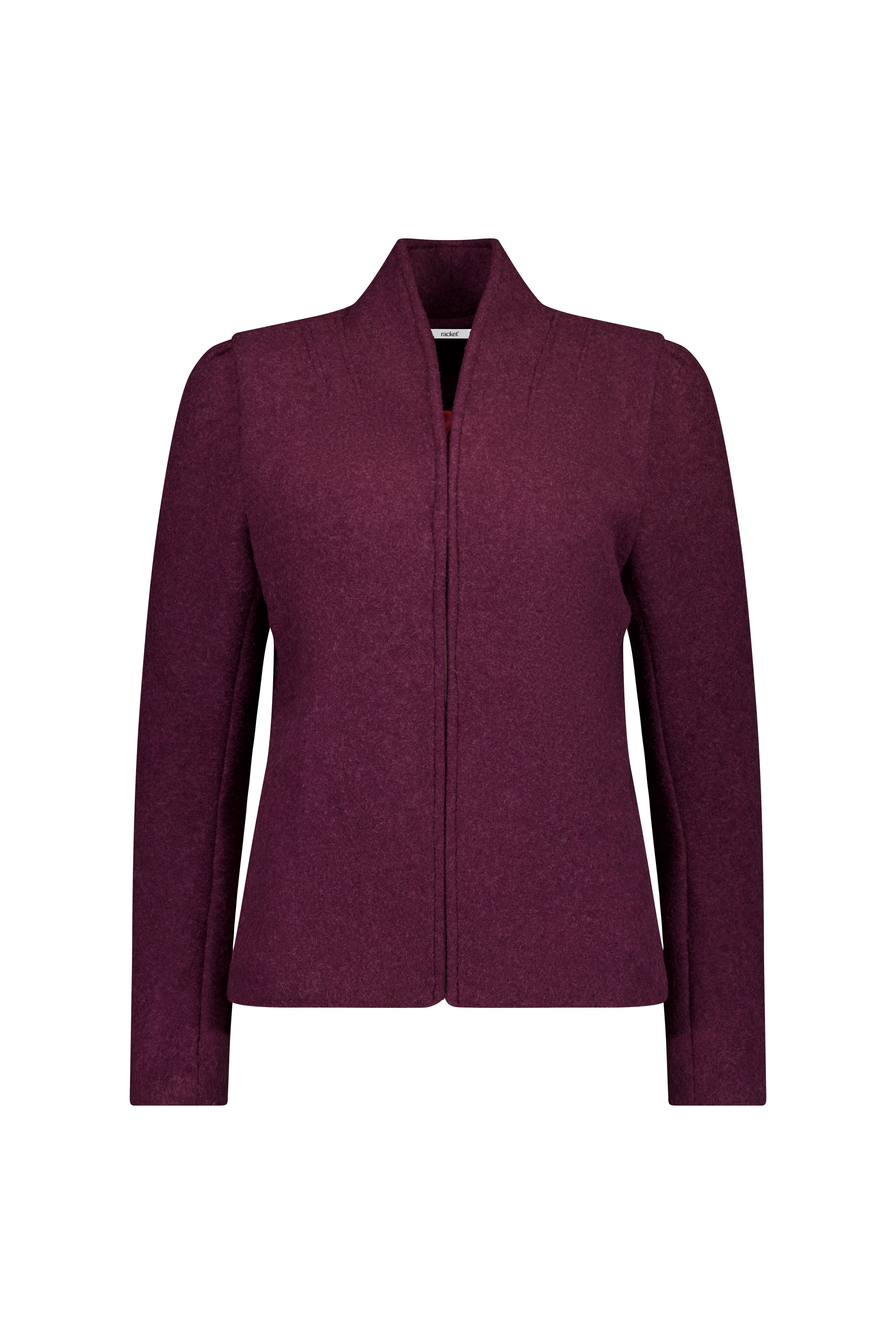 The Baseline Jacket by Racket — a modern collarless wool jacket with refined tailoring and an upper-hip cut. A timeless layer made responsibly in NZ.
