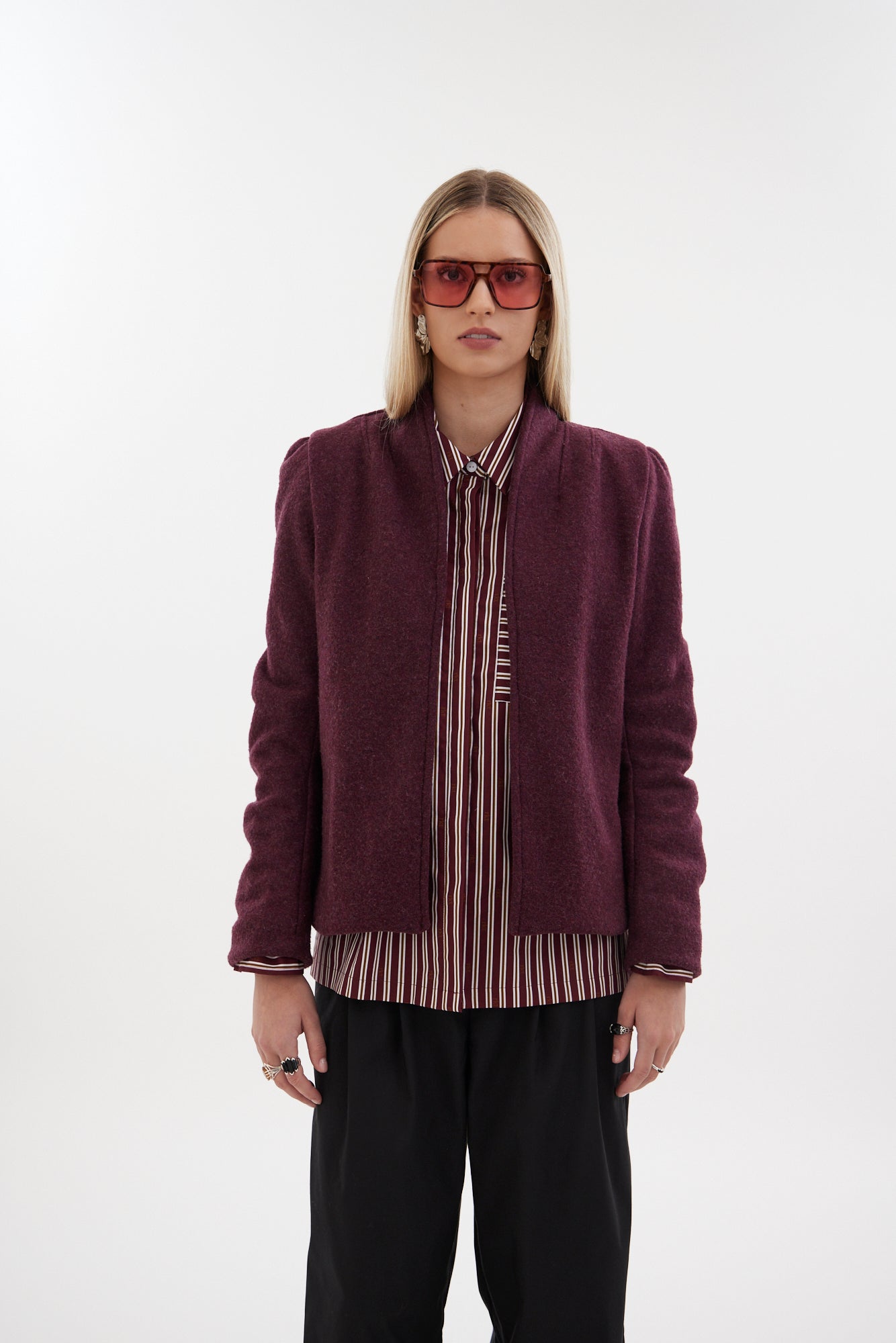The Baseline Jacket by Racket — a modern collarless wool jacket with refined tailoring and an upper-hip cut. A timeless layer made responsibly in NZ.