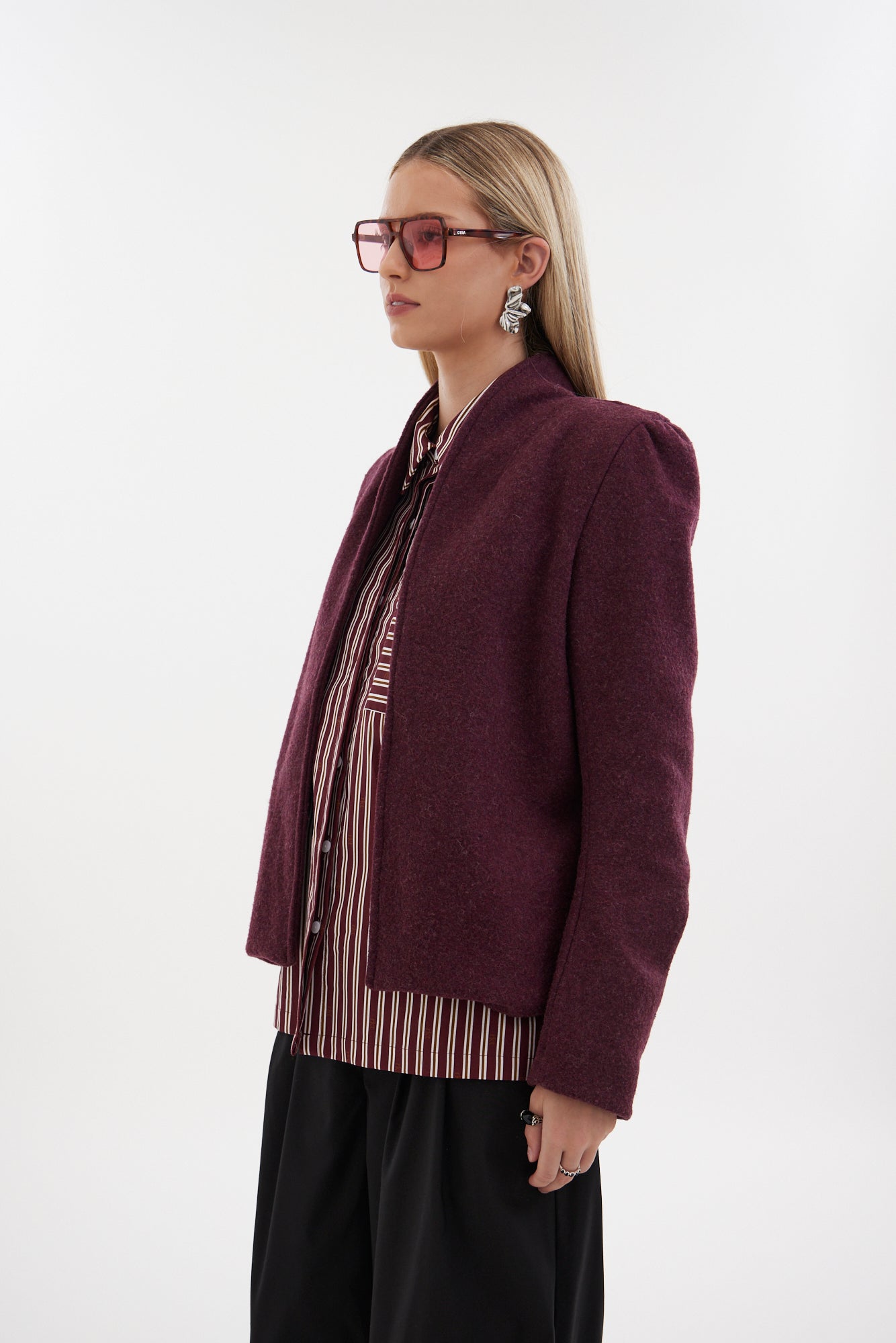 The Baseline Jacket by Racket — a modern collarless wool jacket with refined tailoring and an upper-hip cut. A timeless layer made responsibly in NZ.