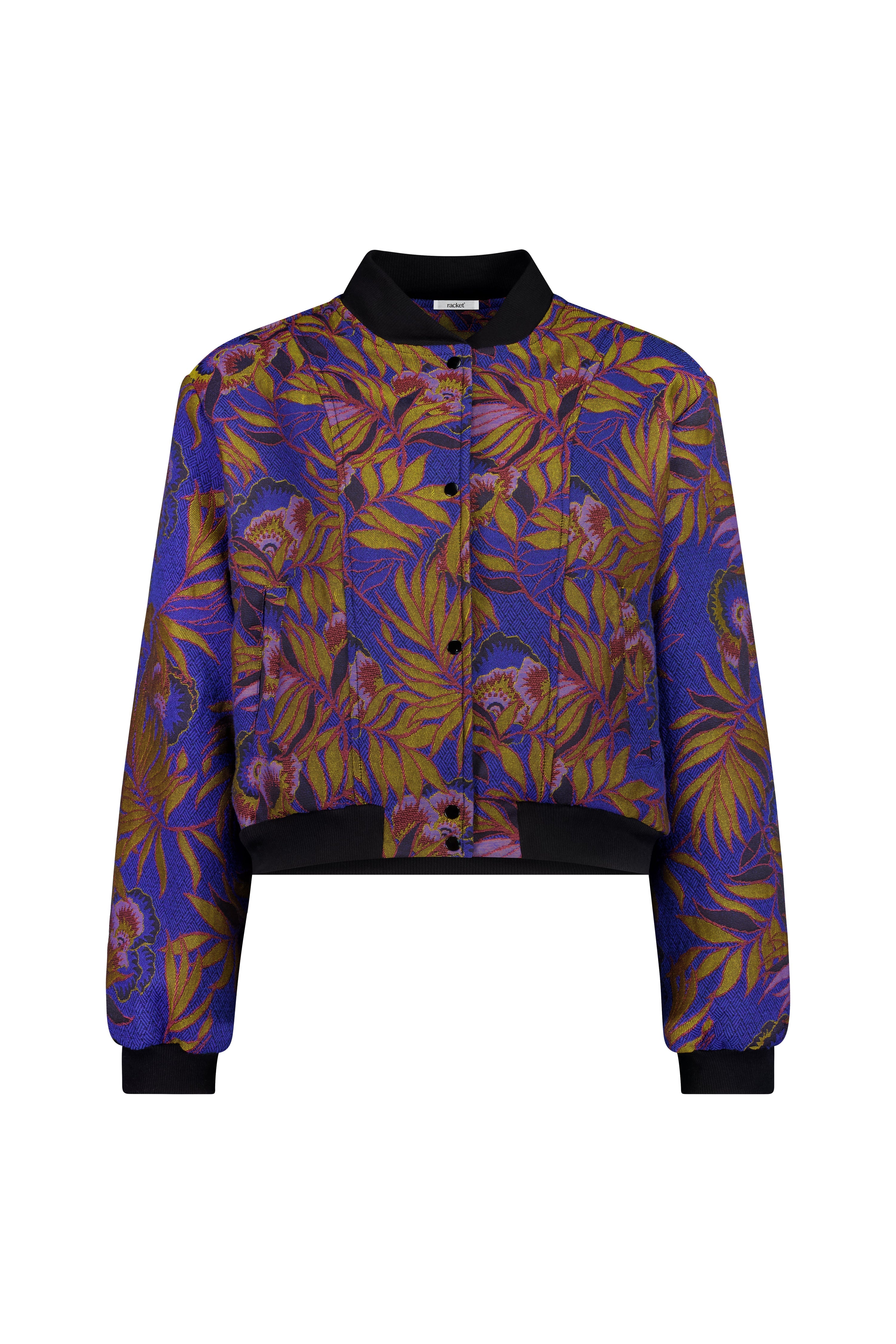 The Florence Bomber Jacket by Racket - a floral jacquard bomber with rib trims, snap dome closure and refined detailing. Designed and made in NZ.