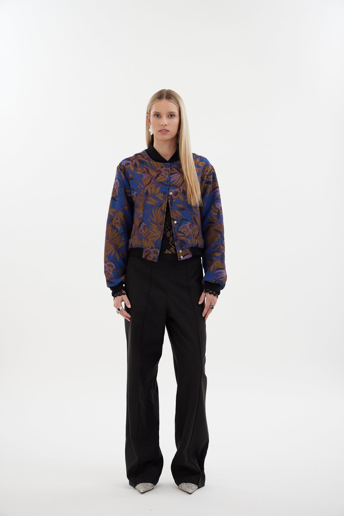 The Florence Bomber Jacket by Racket - a floral jacquard bomber with rib trims, snap dome closure and refined detailing. Designed and made in NZ.