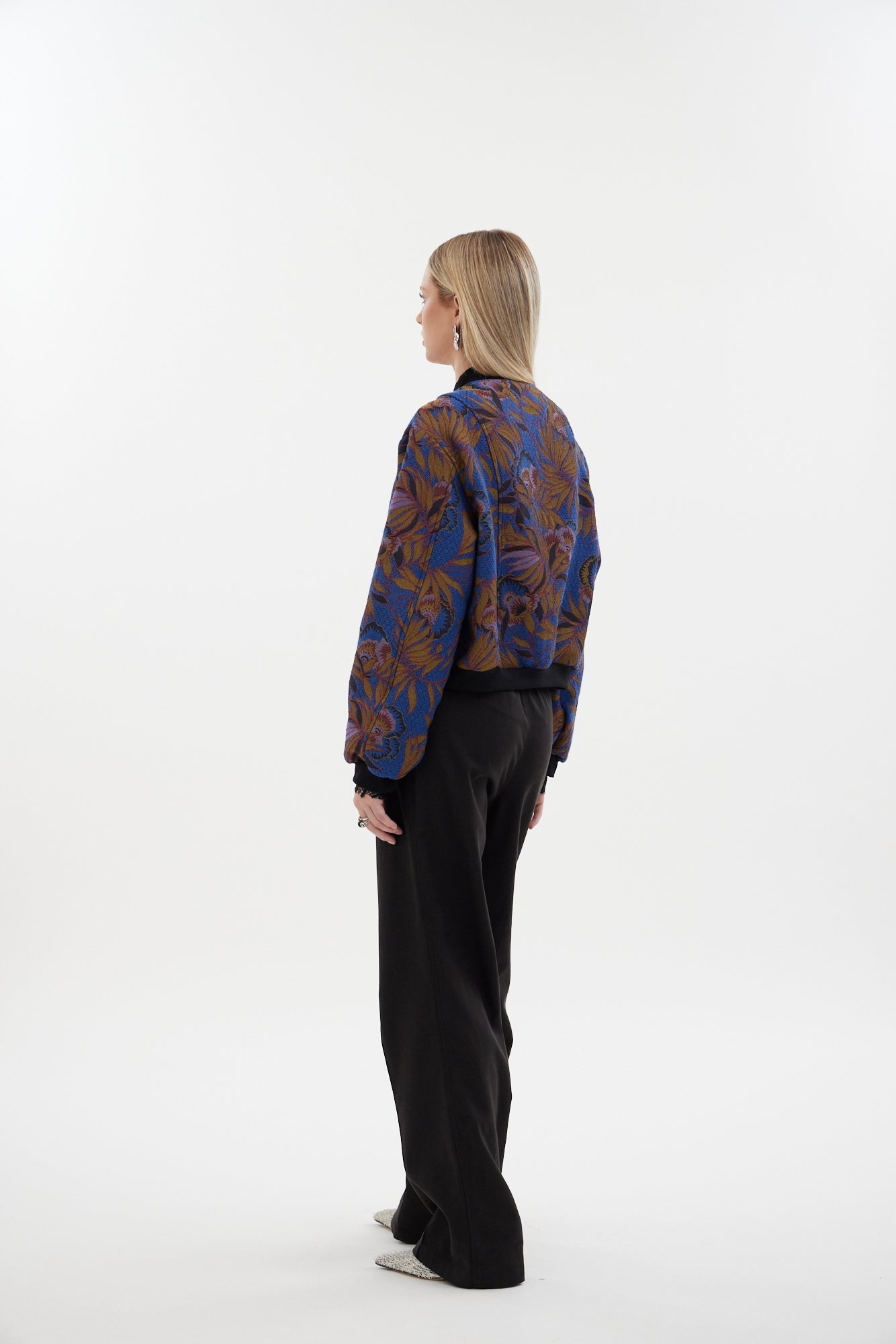 The Florence Bomber Jacket by Racket - a floral jacquard bomber with rib trims, snap dome closure and refined detailing. Designed and made in NZ.